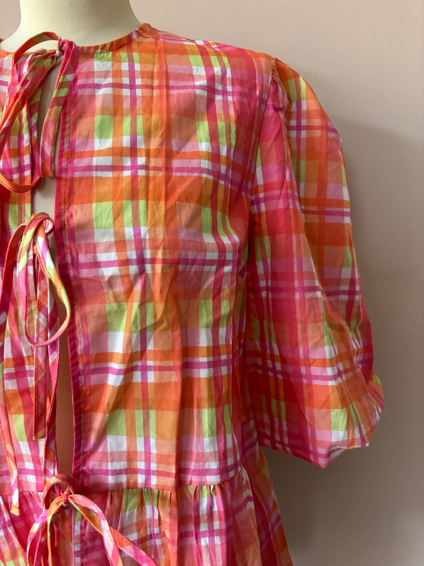 Multicoloured check puff sleeve front tie top size 12/14