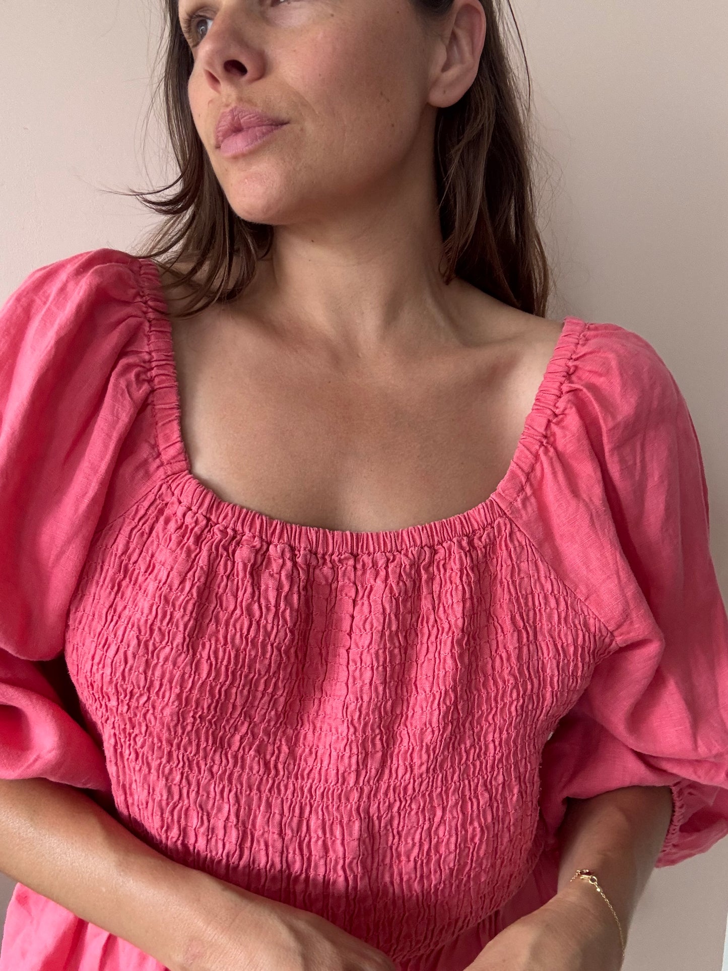 Pink 100% linen puff sleeve blouse with smocking size 16