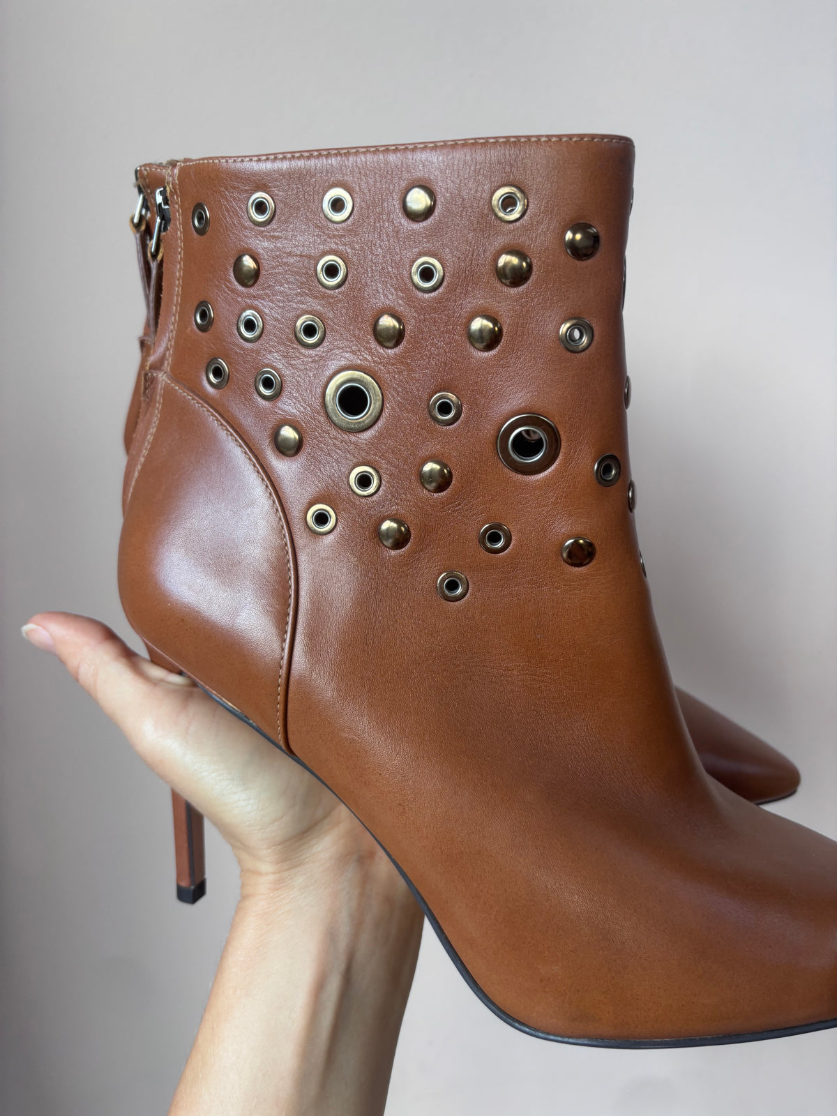 Brown leather studded heeled boots size 5.5