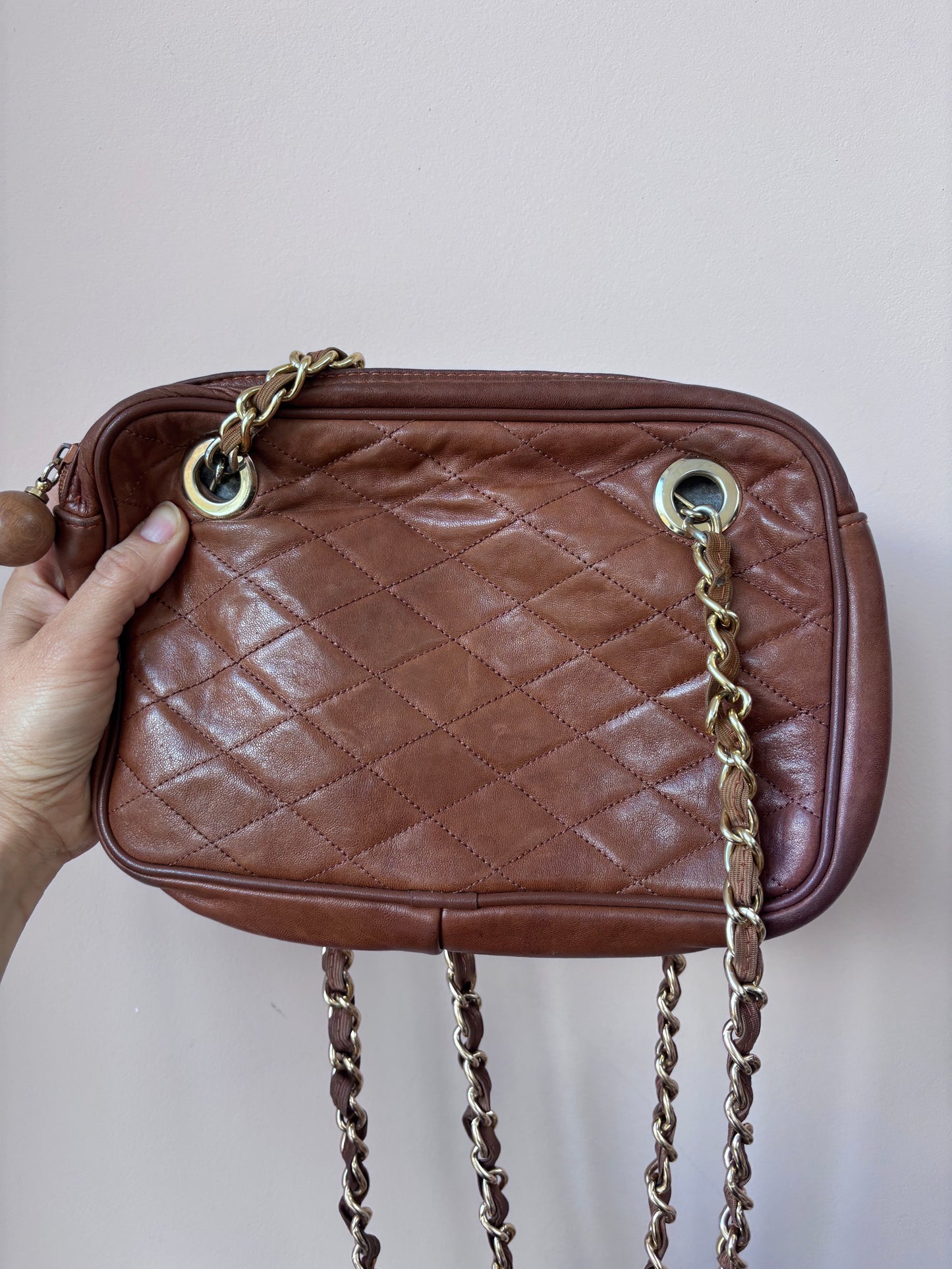 Brown quilted leather bag gold chain strap