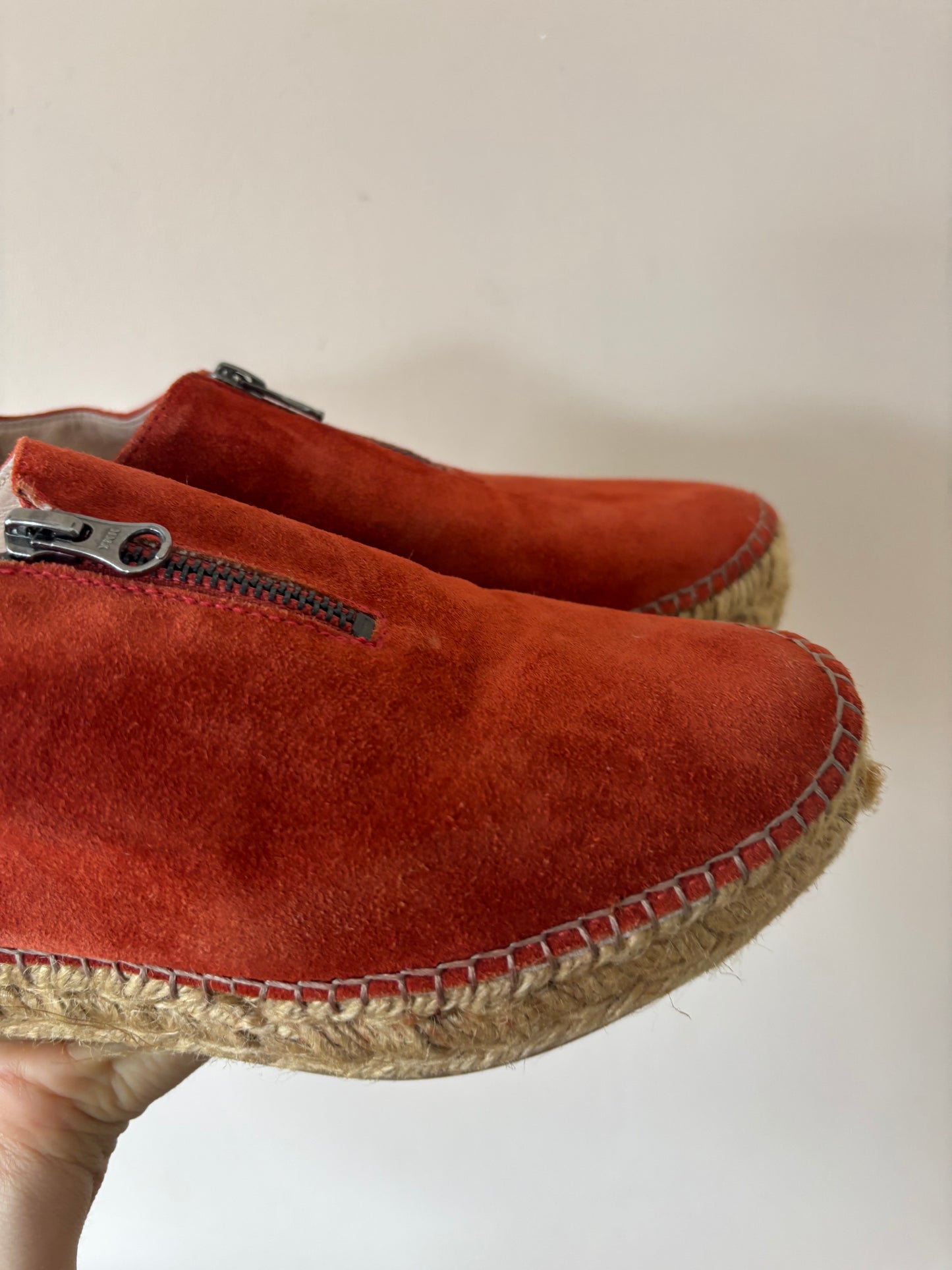 Orange suede zip front espadrilles size 5