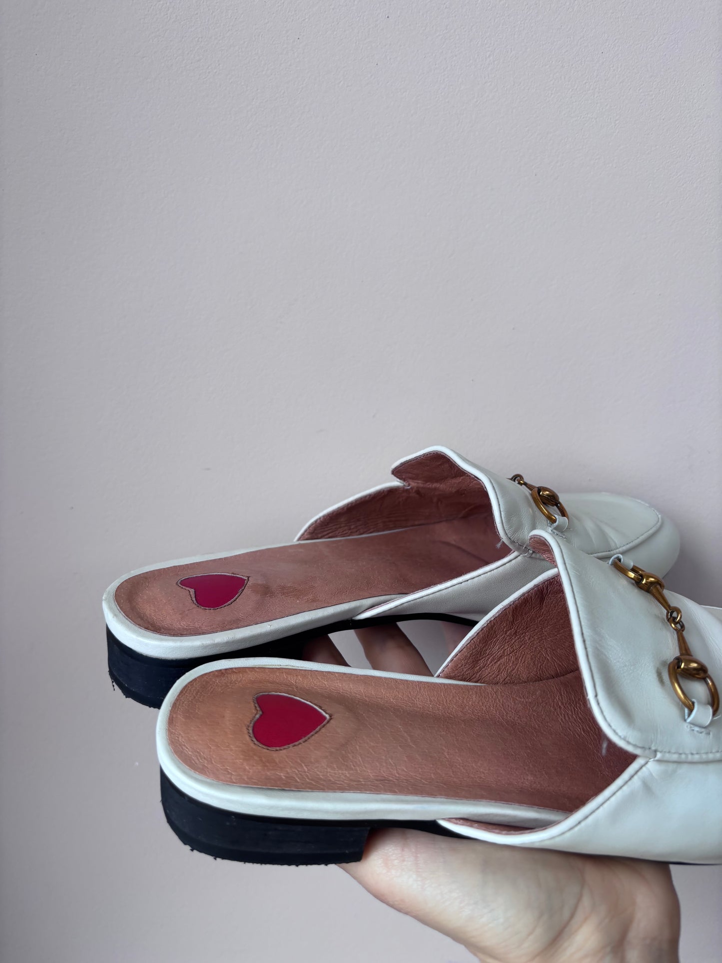 Cream leather brass buckle shoes size UK5