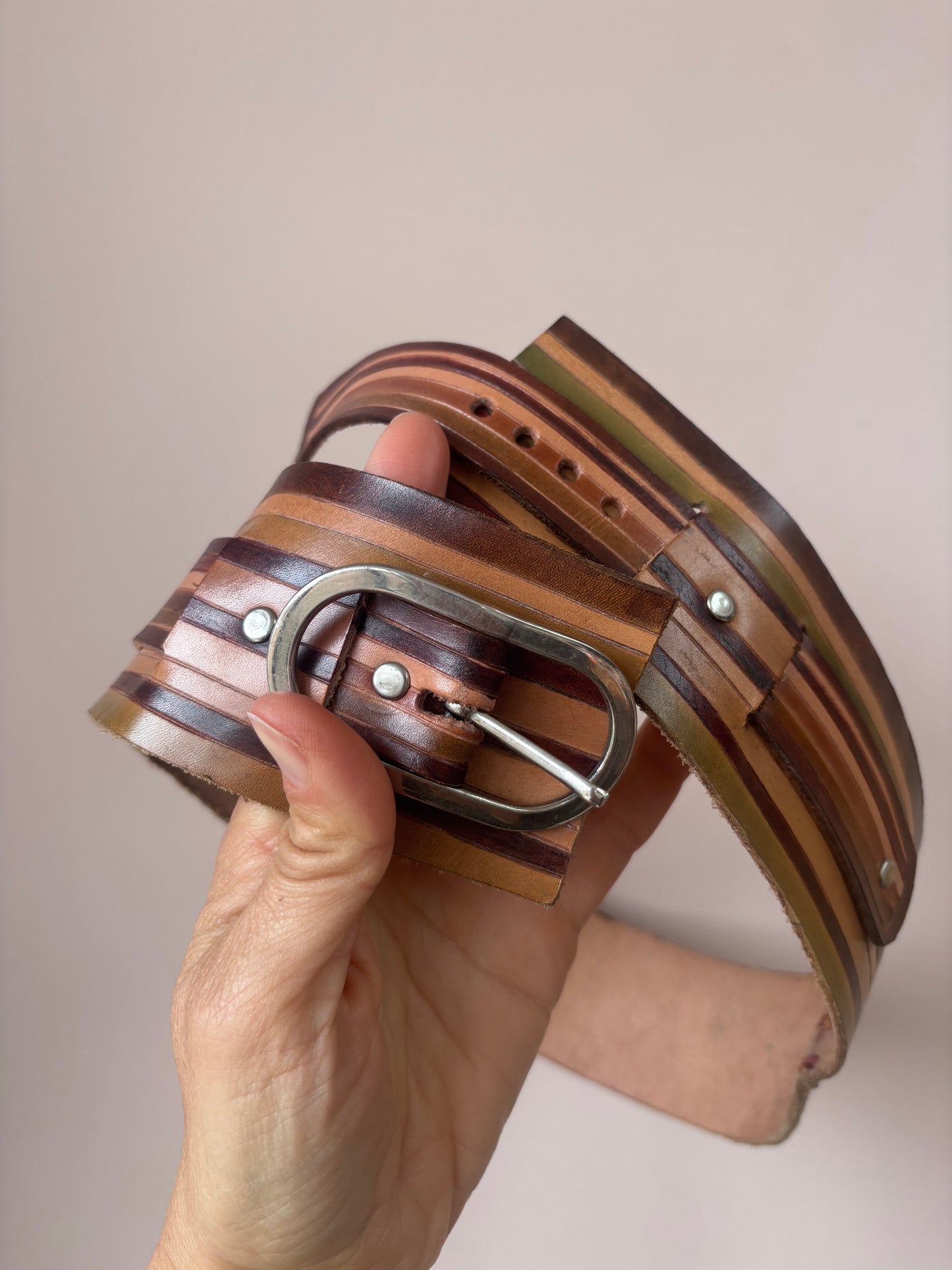 Vintage brown green wide leather waist belt size 8/10