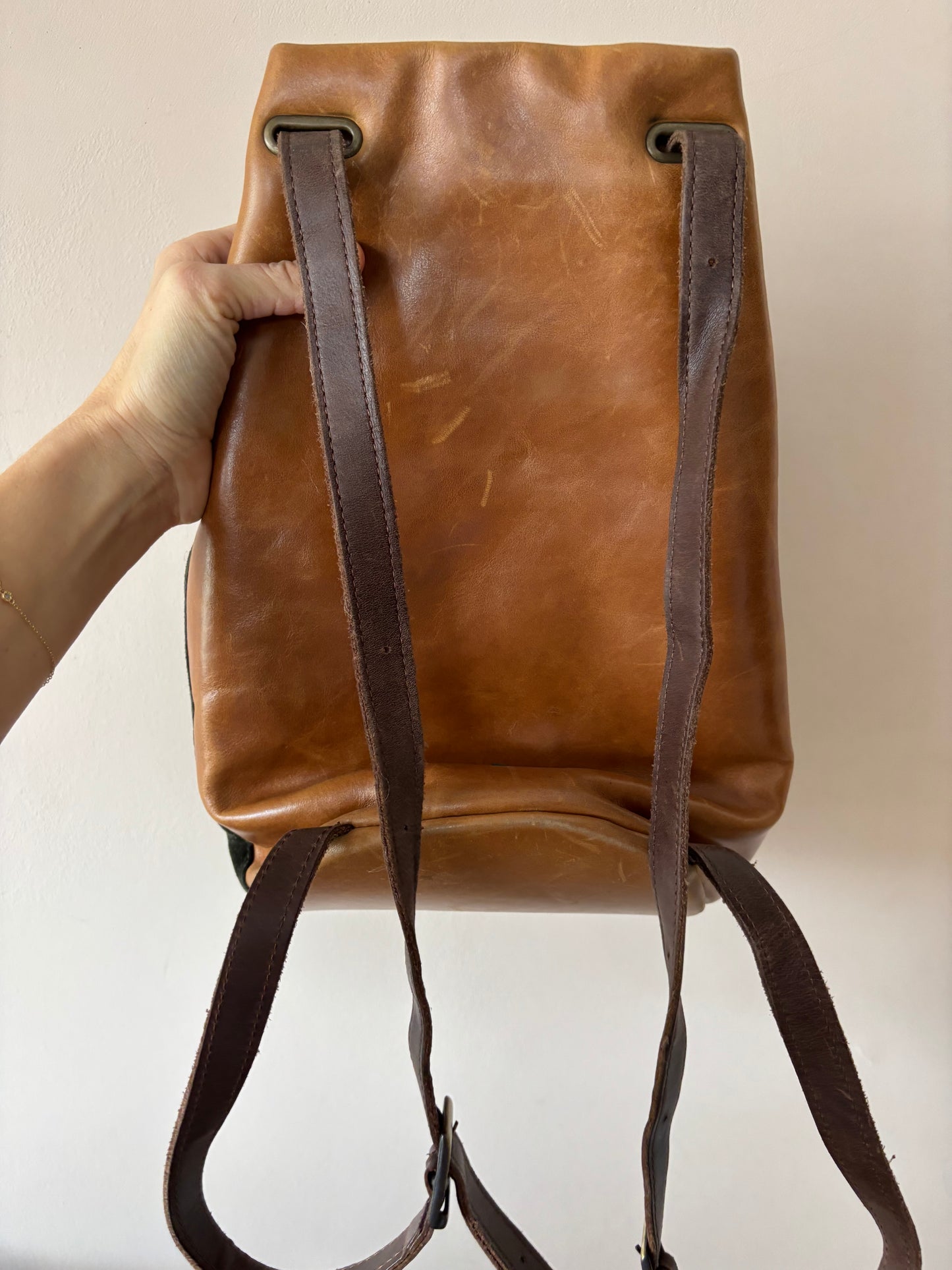 Vintage green suede and brown leather rucksack