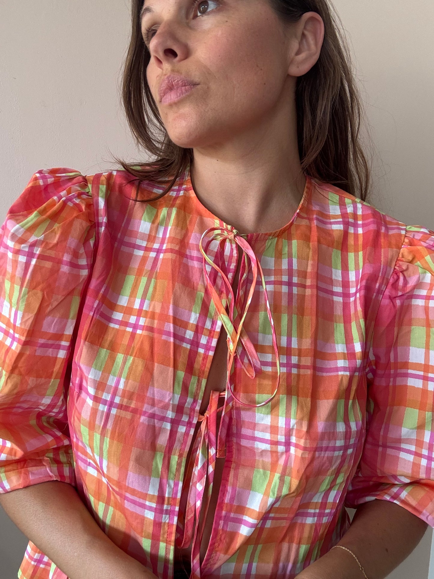 Multicoloured check puff sleeve front tie top size 12/14