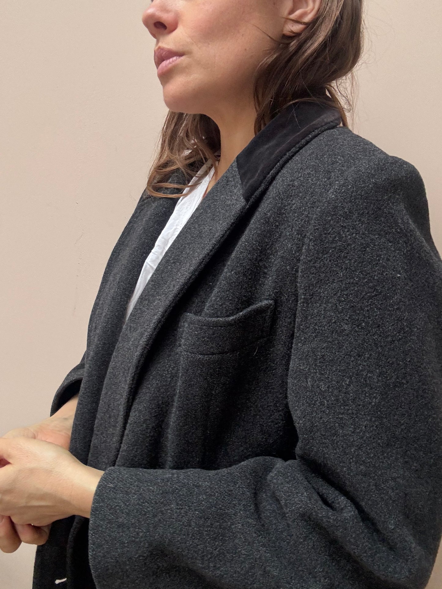 Charcoal grey wool coat velvet collar size 12