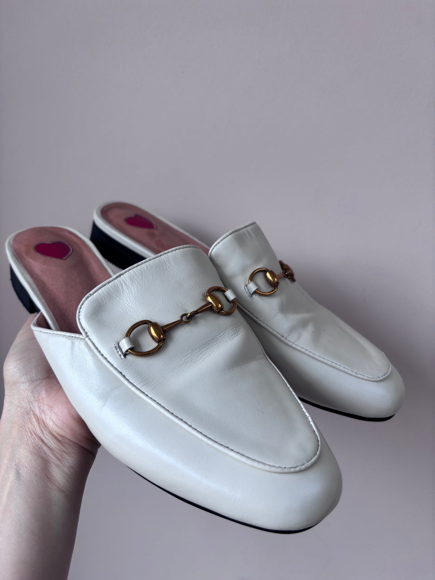Cream leather brass buckle shoes size UK5