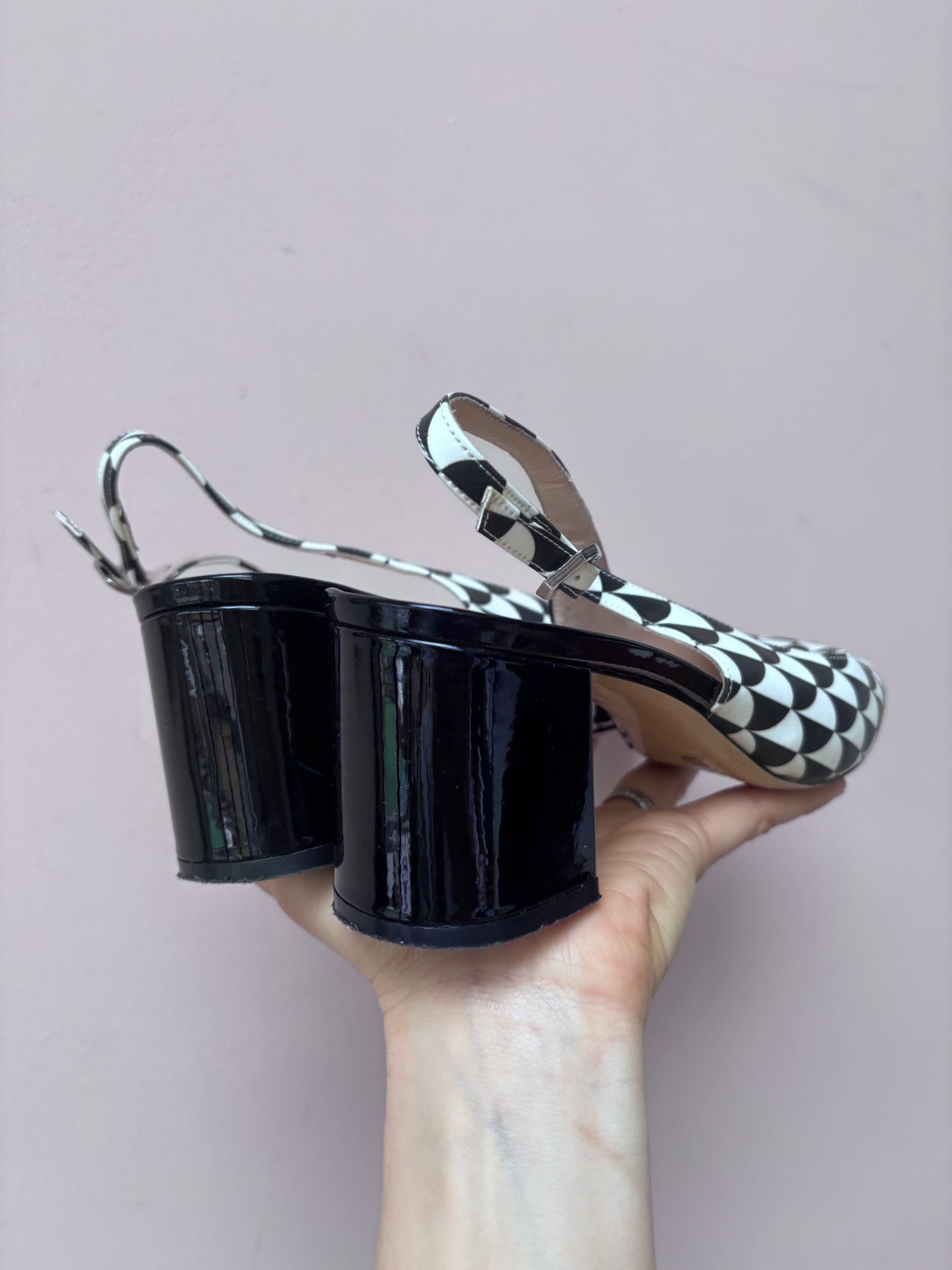 Black white leather heels size 5
