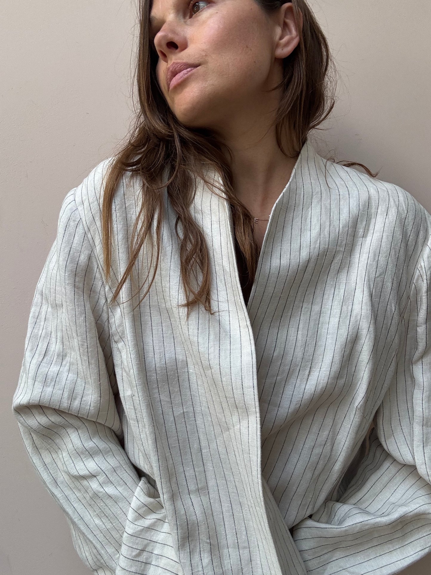 Beige pin stripe 100% linen long blazer size 18-22