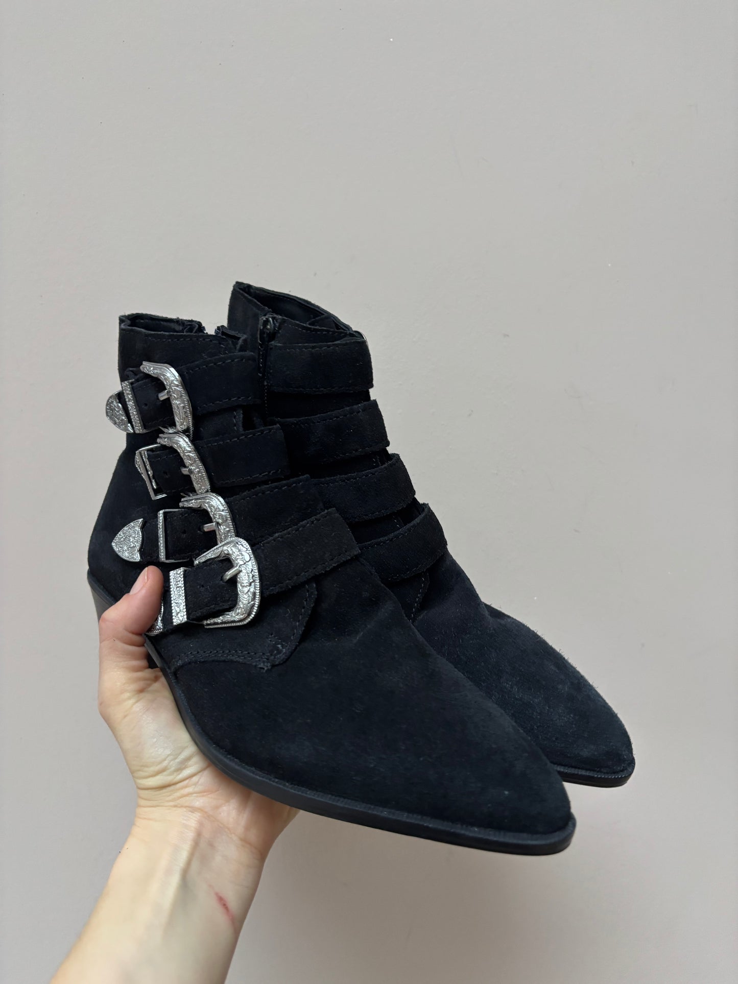 Black suede silver buckle ankle boots size UK6