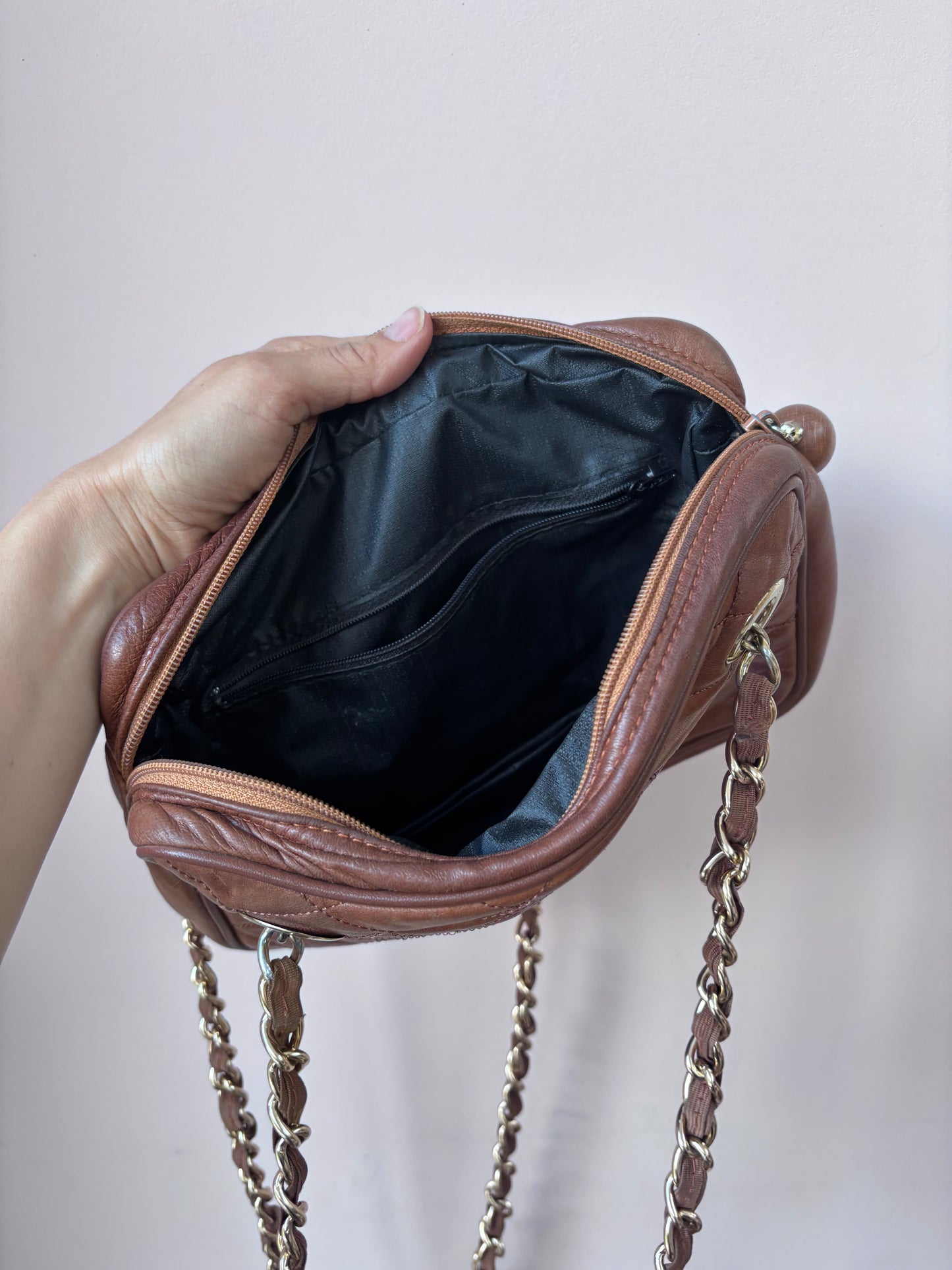 Brown quilted leather bag gold chain strap