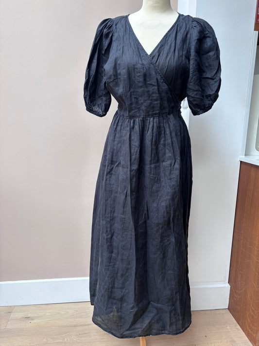 Black 100% linen wraparound puff sleeve dress size 12