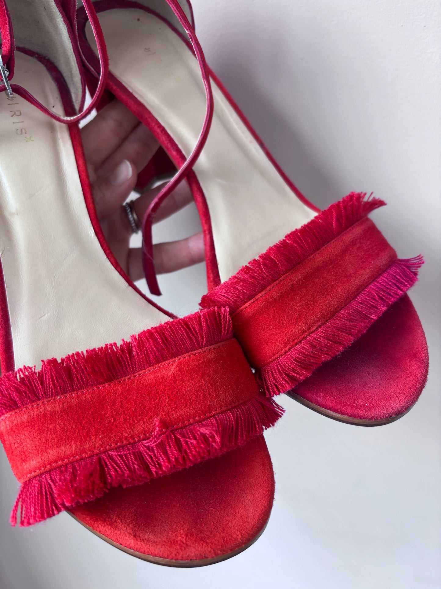 Red and orange suede tassel heels size UK8
