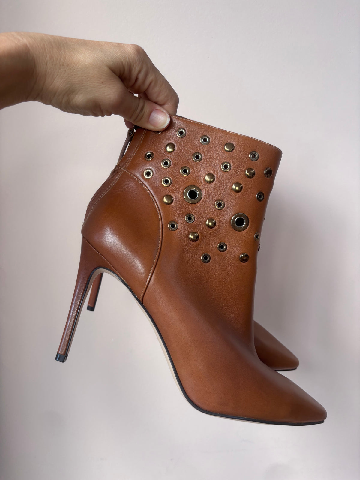 Brown leather studded heeled boots size 5.5