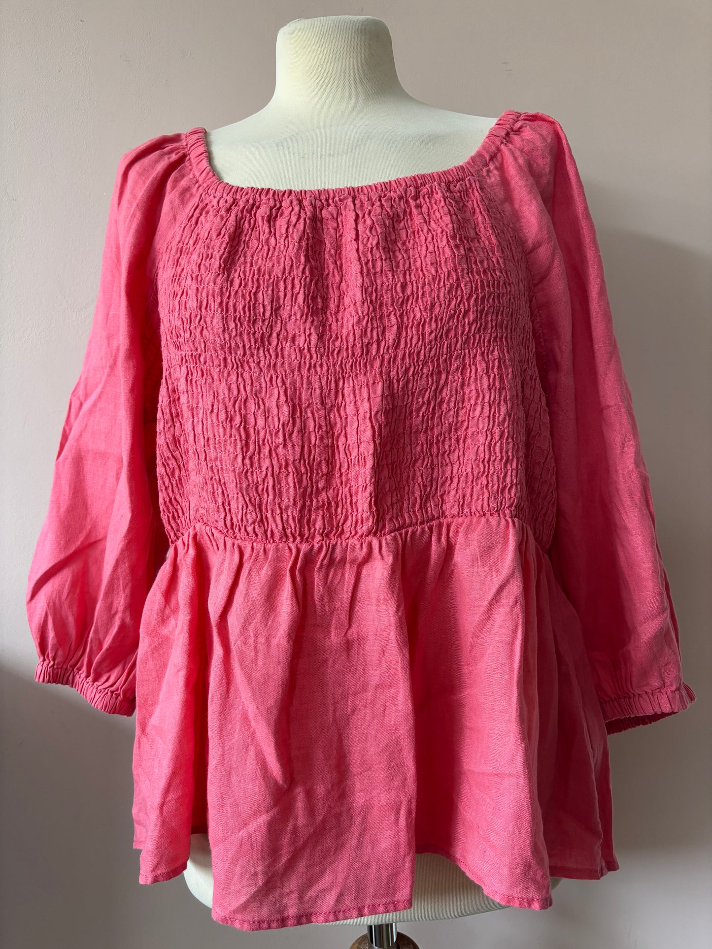 Pink 100% linen puff sleeve blouse with smocking size 16