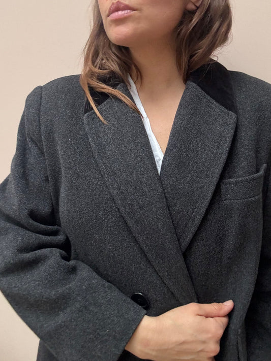 Charcoal grey wool coat velvet collar size 12