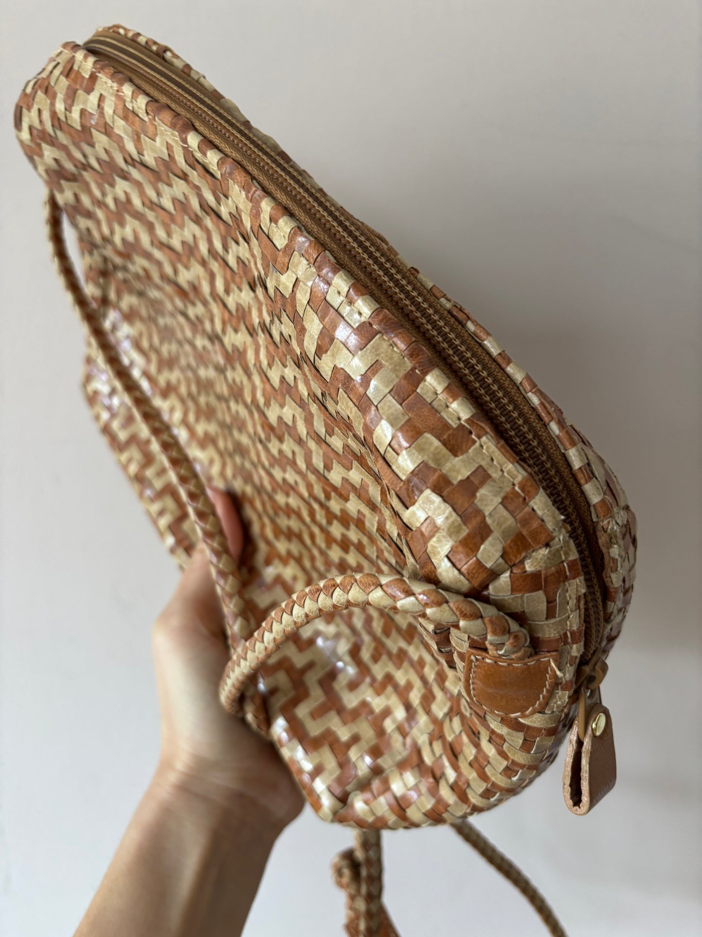 Vintage brown beige leather woven bag