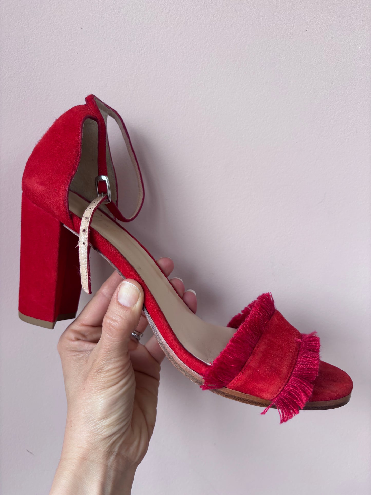 Red and orange suede tassel heels size UK8