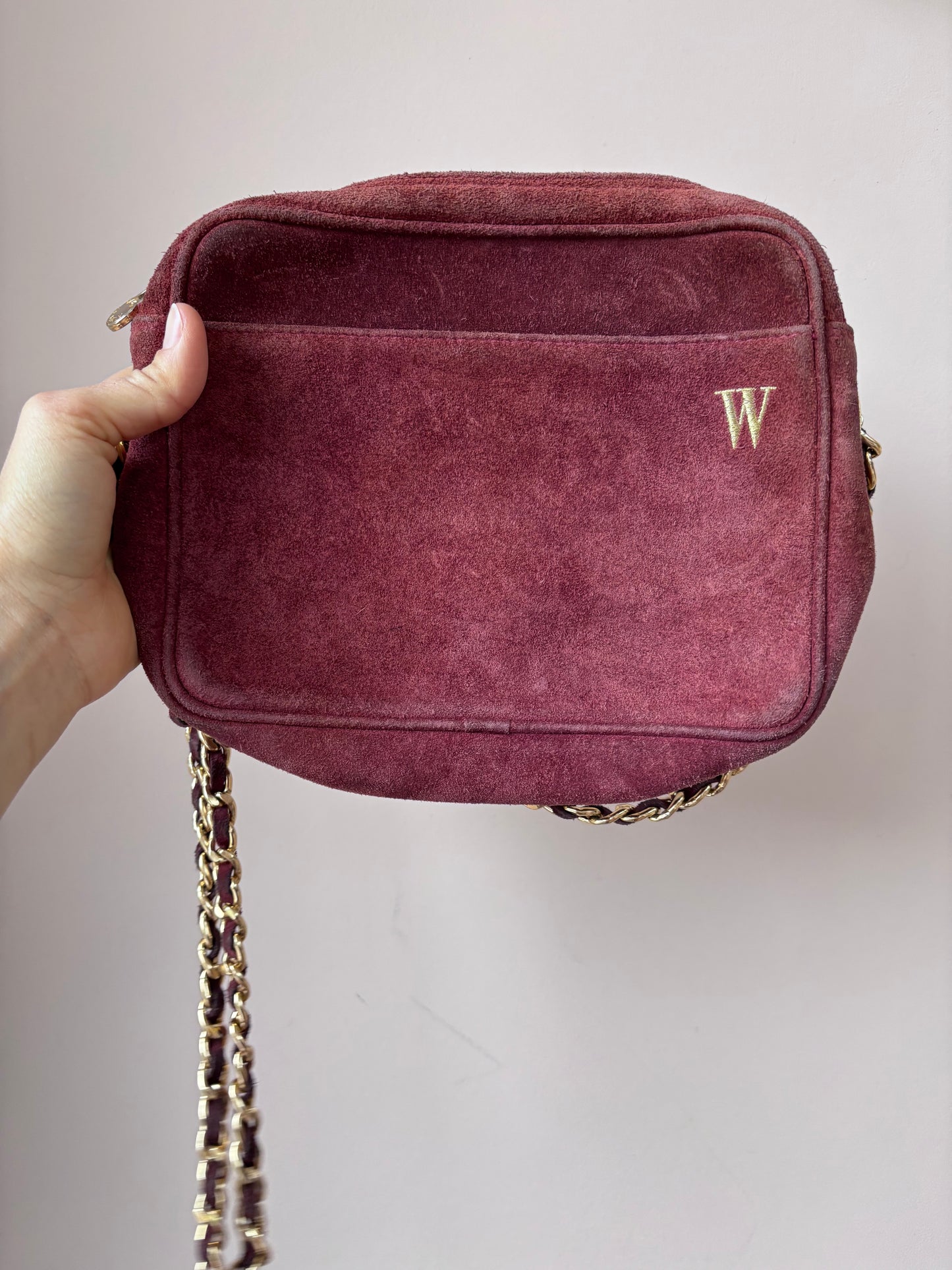 Vintage maroon suede gold chain strap bag
