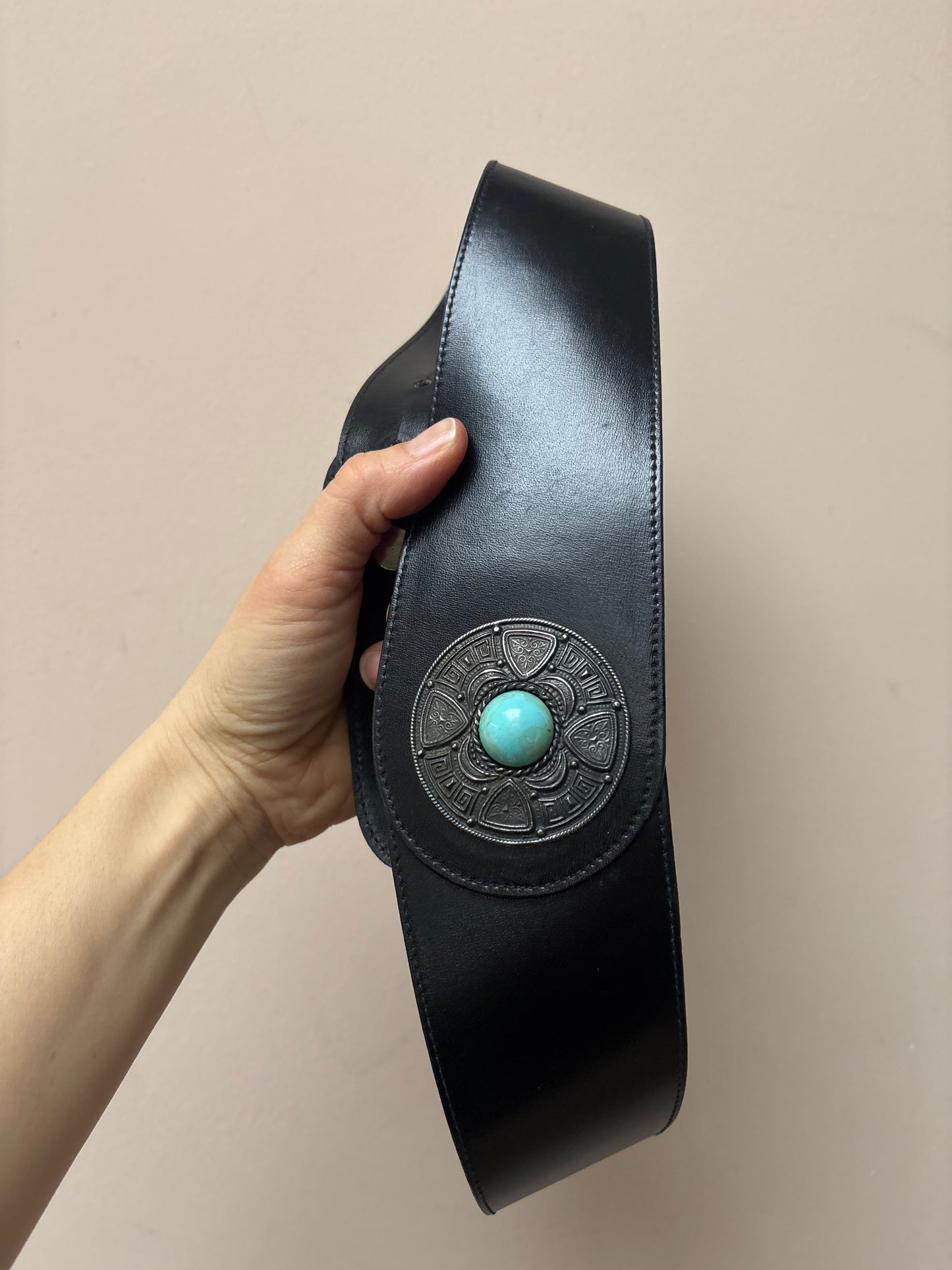 Vintage black leather waist belt size Small