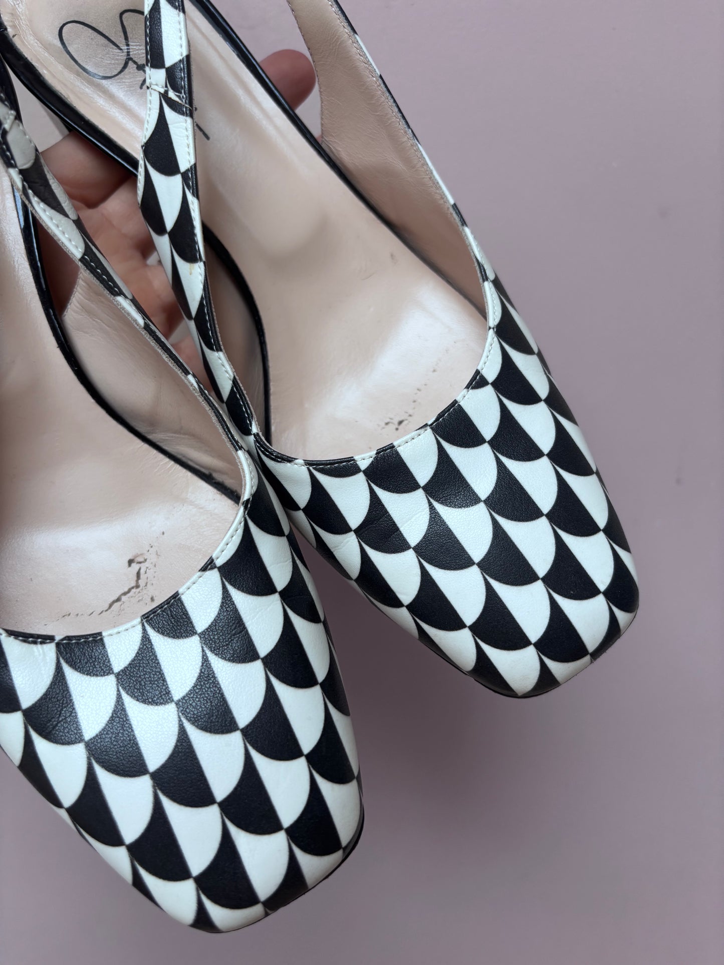 Black white leather heels size 5