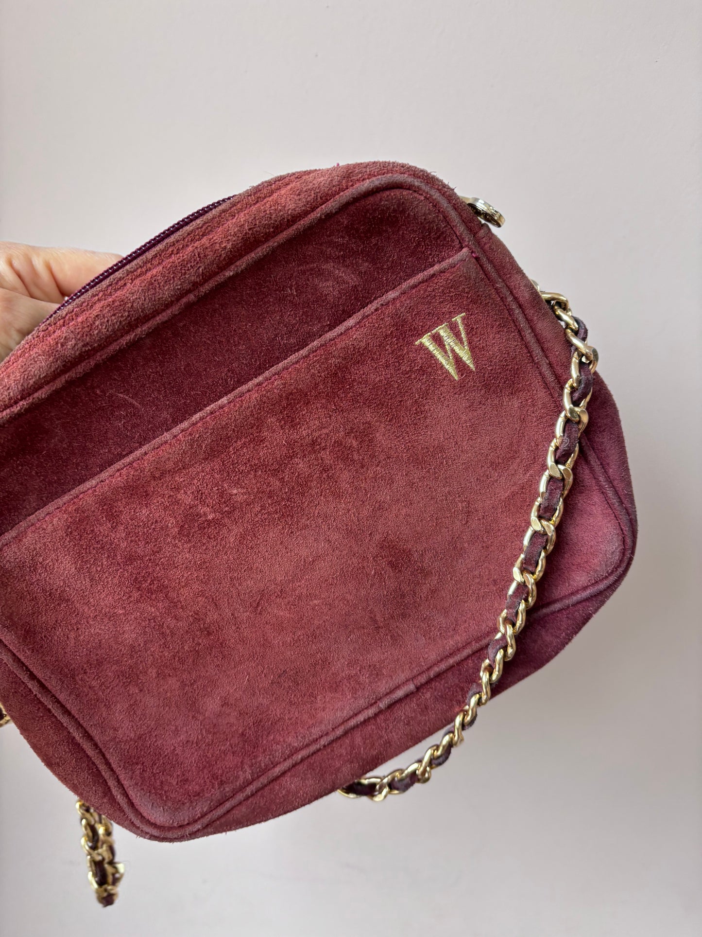 Vintage maroon suede gold chain strap bag
