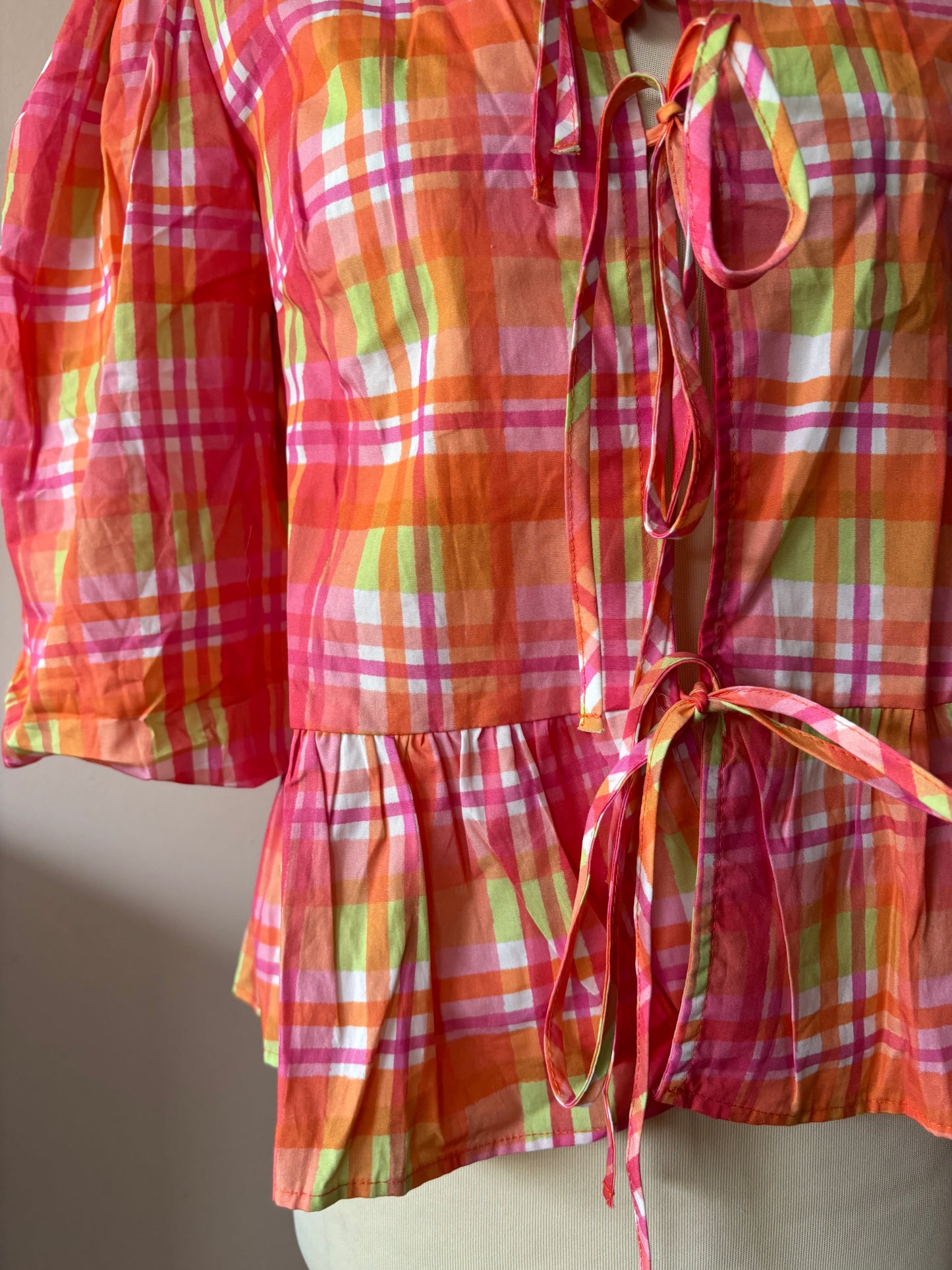 Multicoloured check puff sleeve front tie top size 12/14