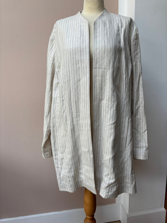 Beige pin stripe 100% linen long blazer size 18-22