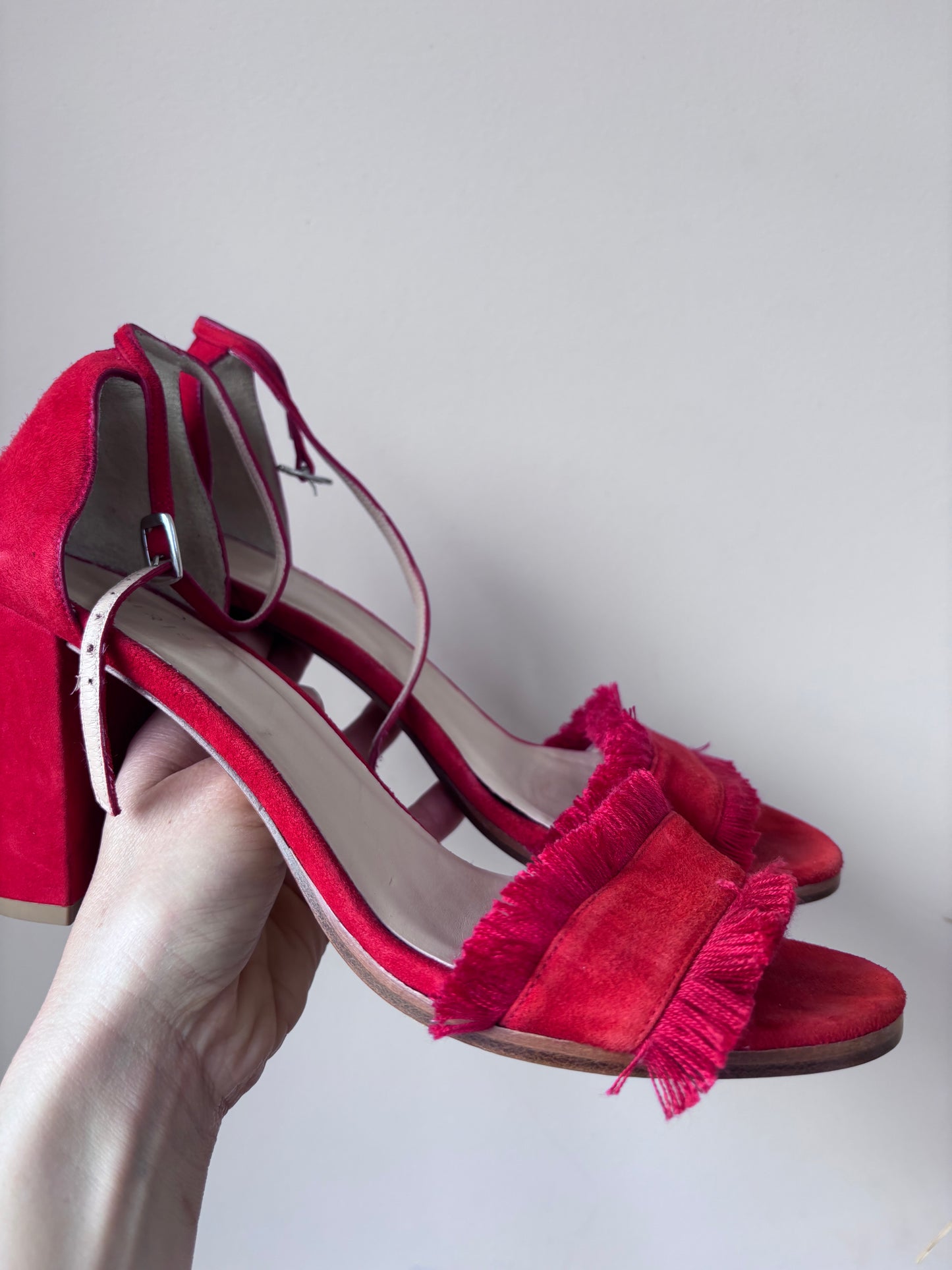 Red and orange suede tassel heels size UK8