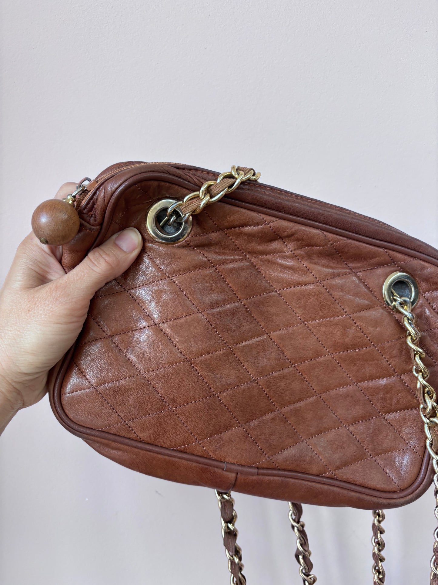 Brown quilted leather bag gold chain strap