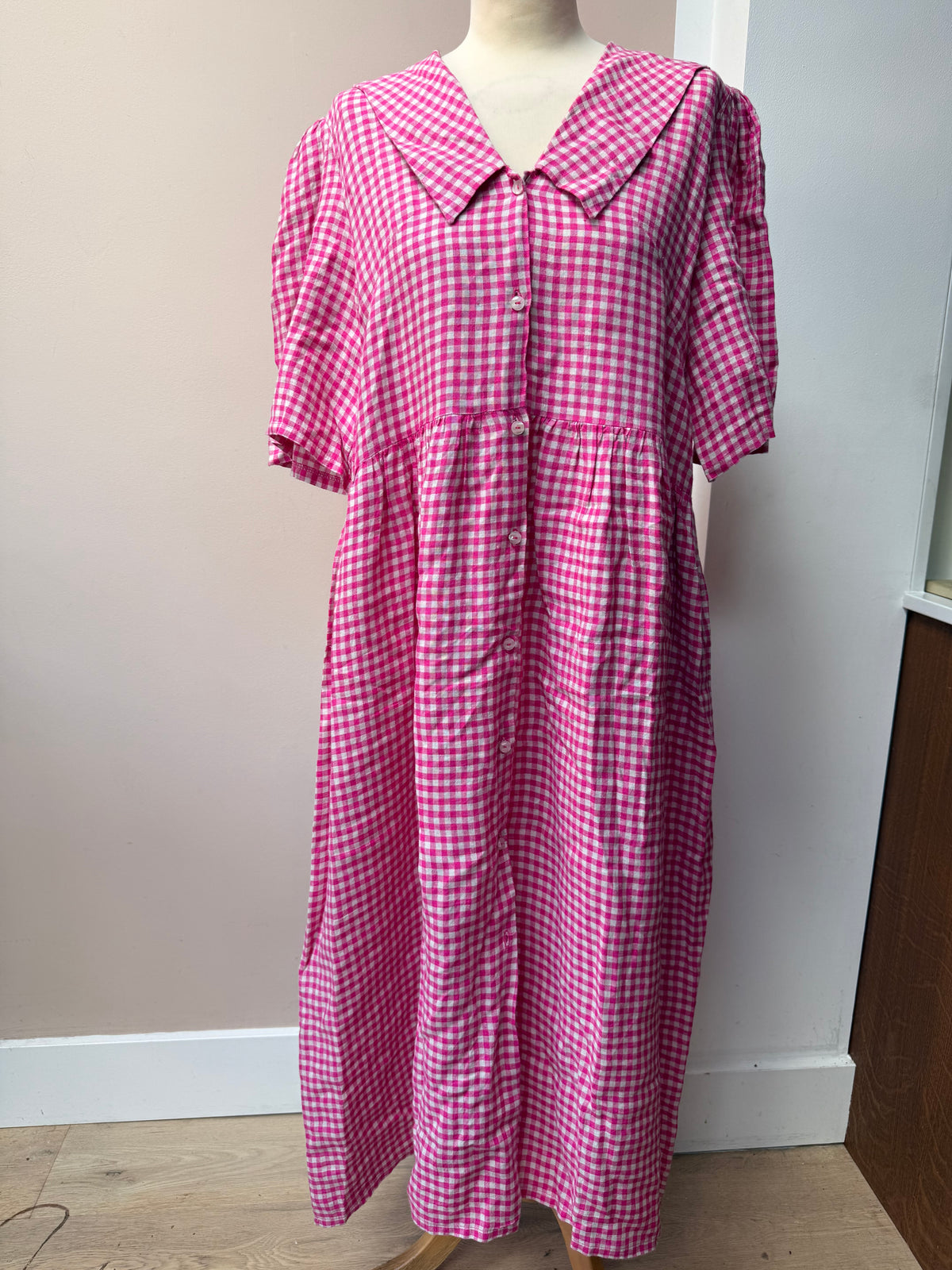 Pink white 100% linen dress