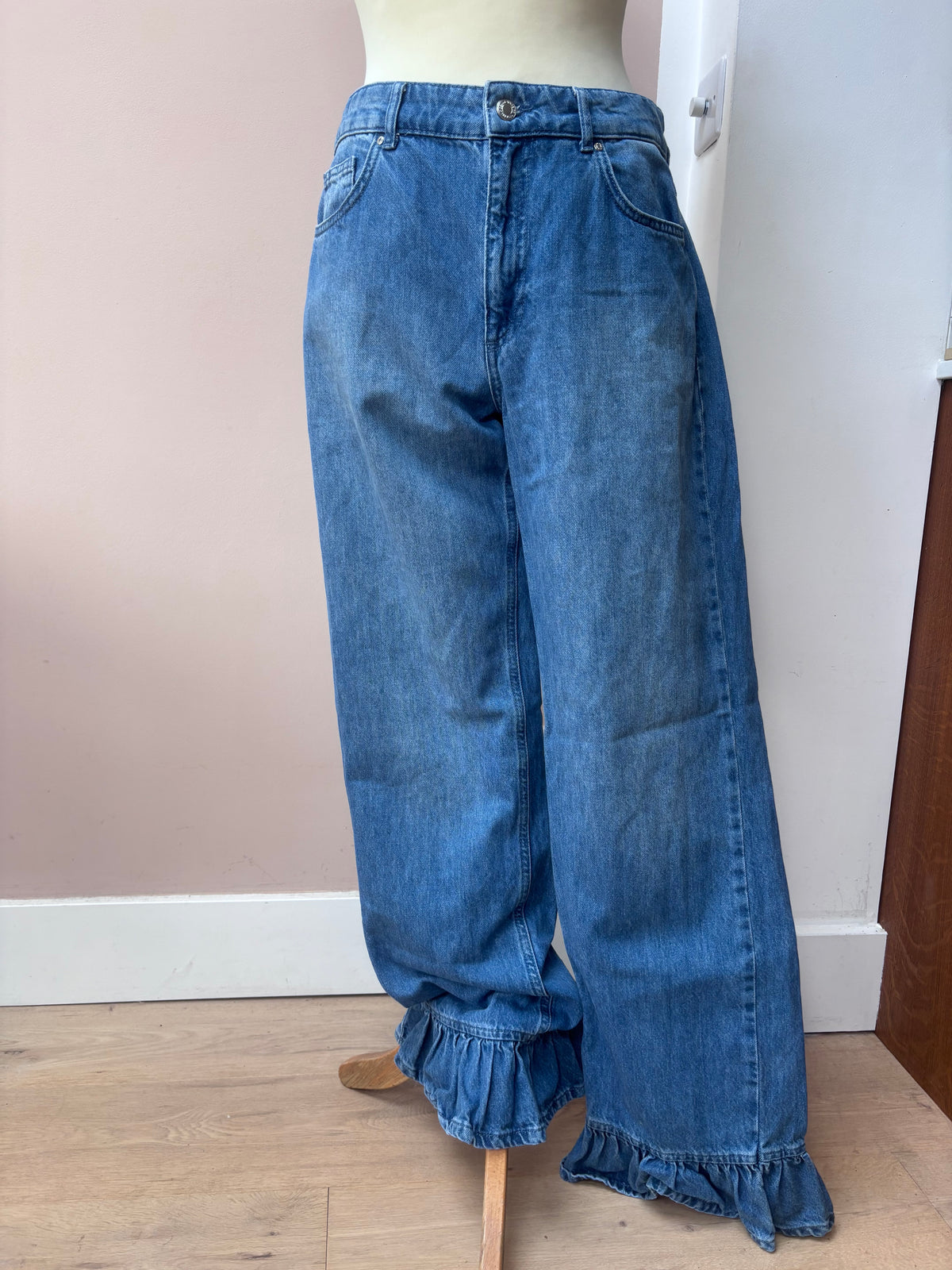 Blue 100% cotton frill ankle jeans size 12