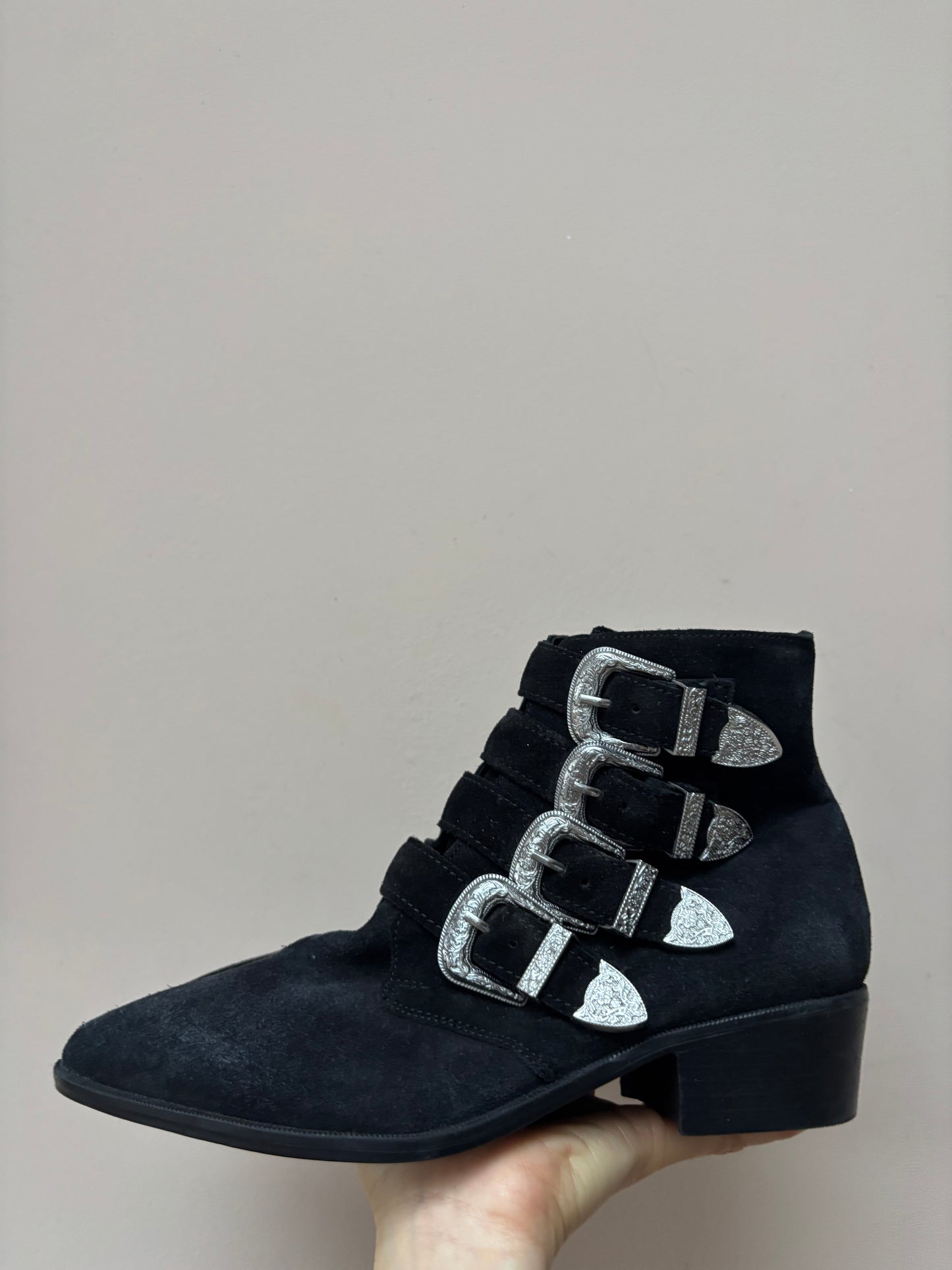 Black suede silver buckle ankle boots size UK6