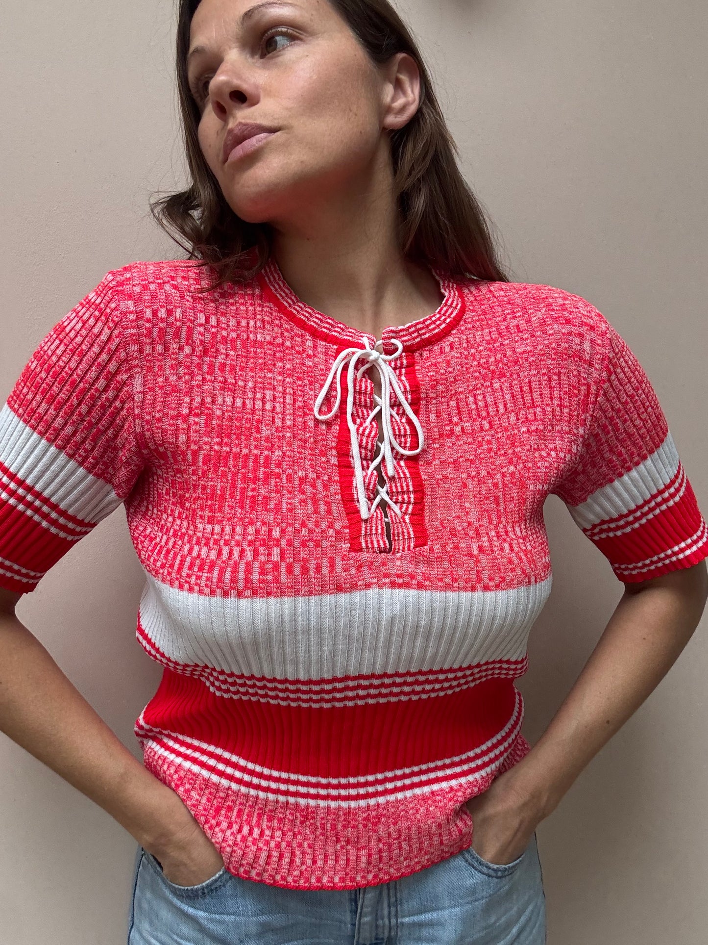 Vintage red white tie neck top size 10