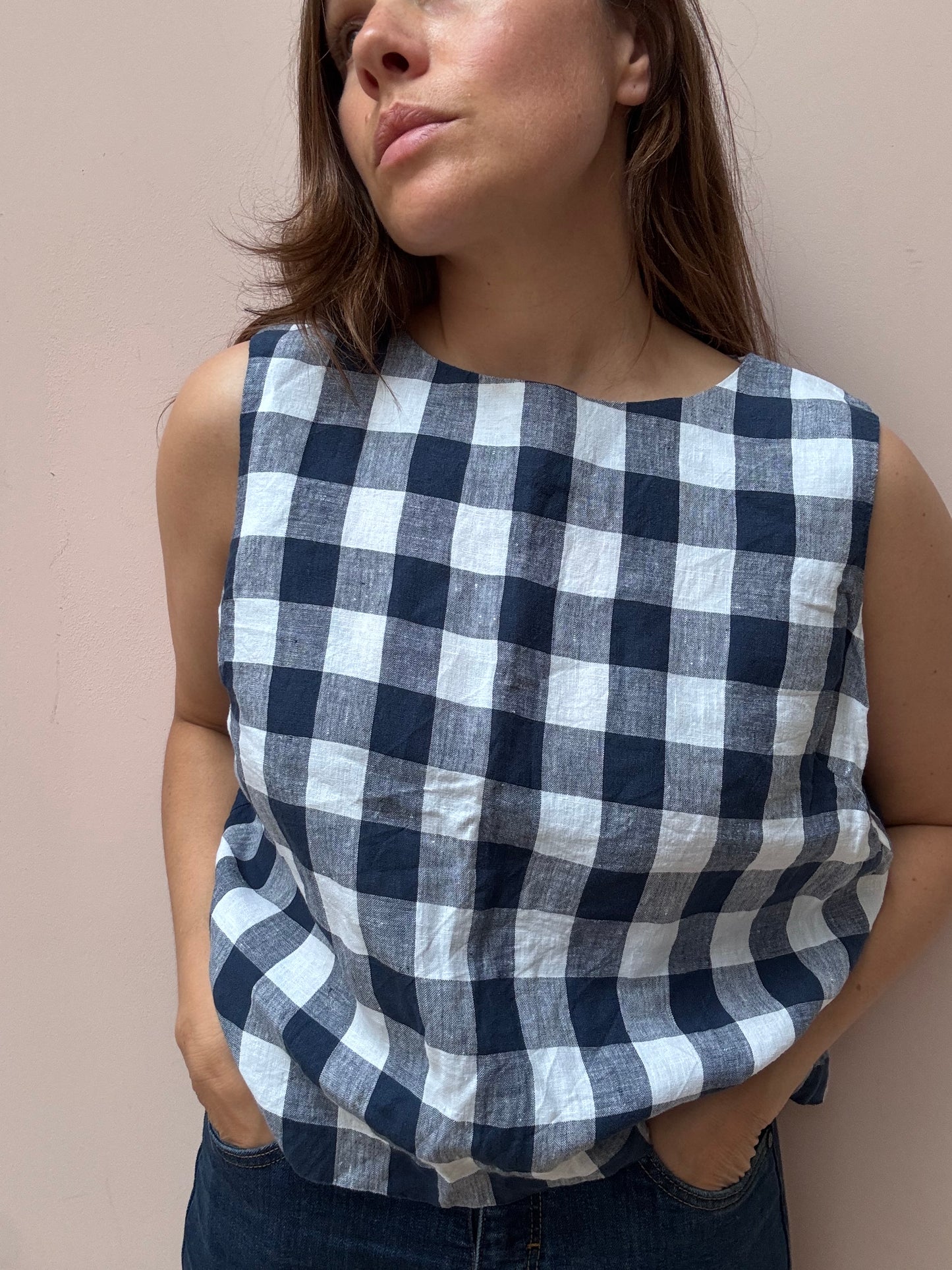Blue white check 100% linen top size 16
