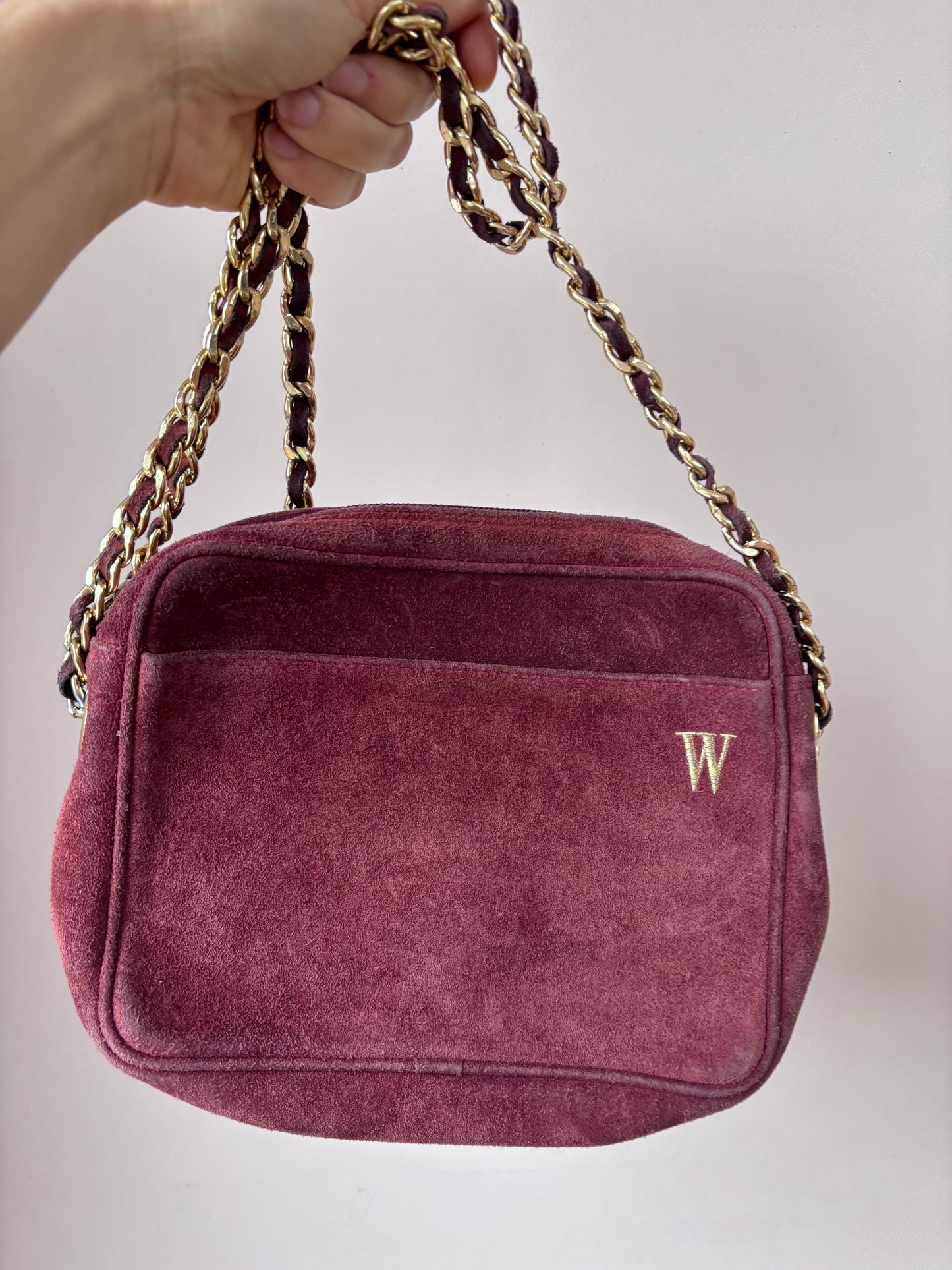 Vintage maroon suede gold chain strap bag