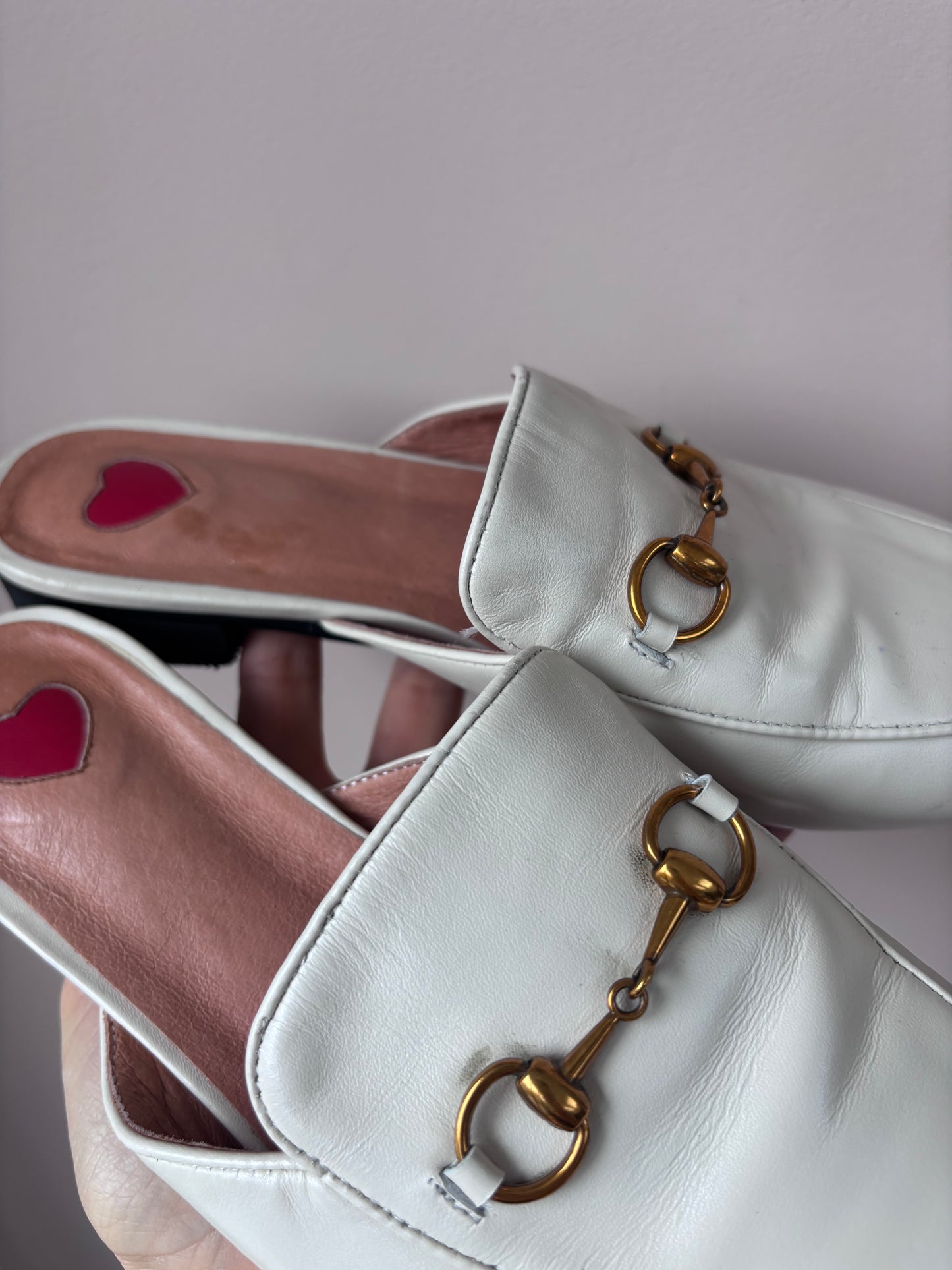 Cream leather brass buckle shoes size UK5