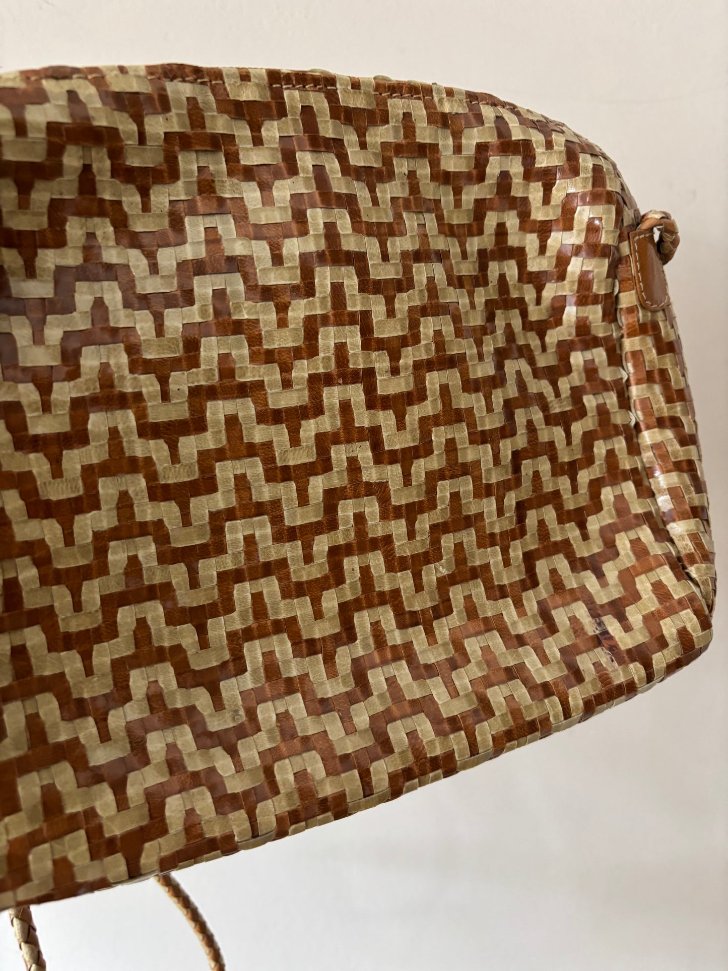 Vintage brown beige leather woven bag