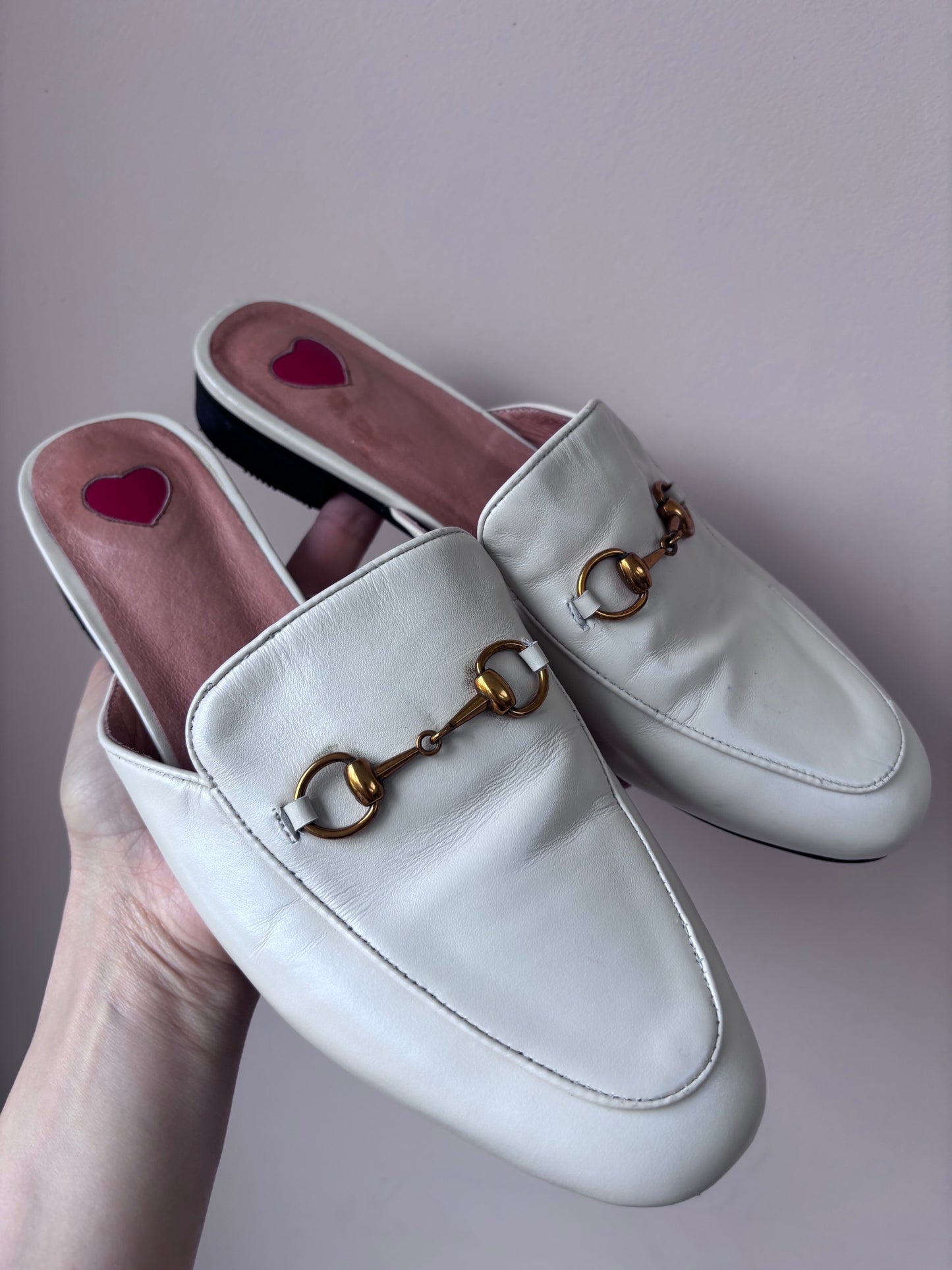 Cream leather brass buckle shoes size UK5