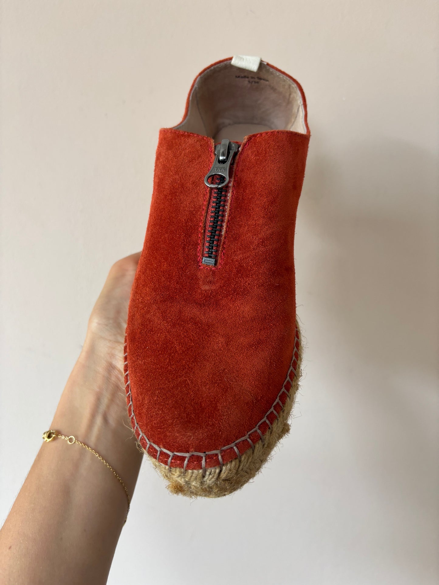 Orange suede zip front espadrilles size 5