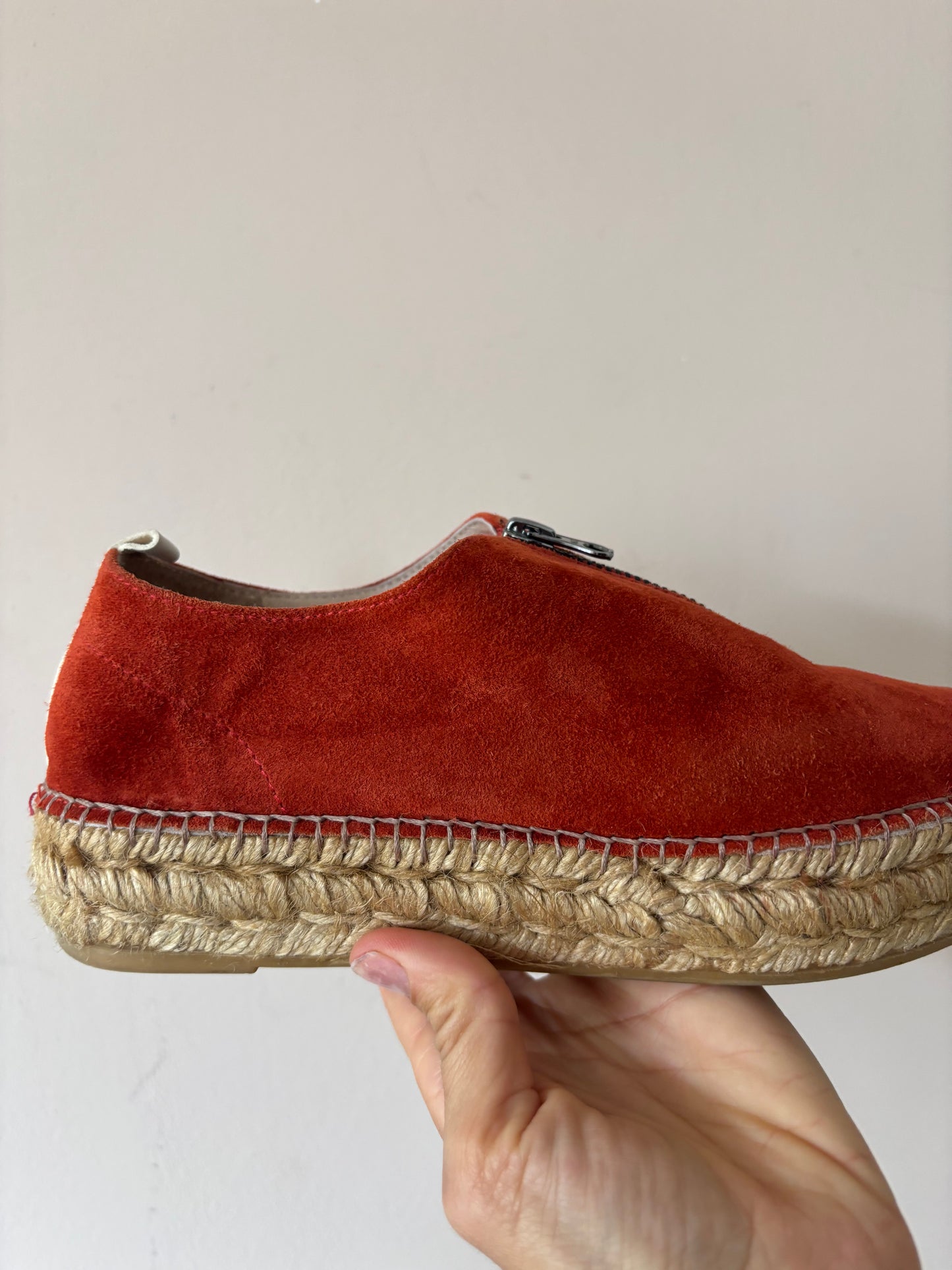 Orange suede zip front espadrilles size 5