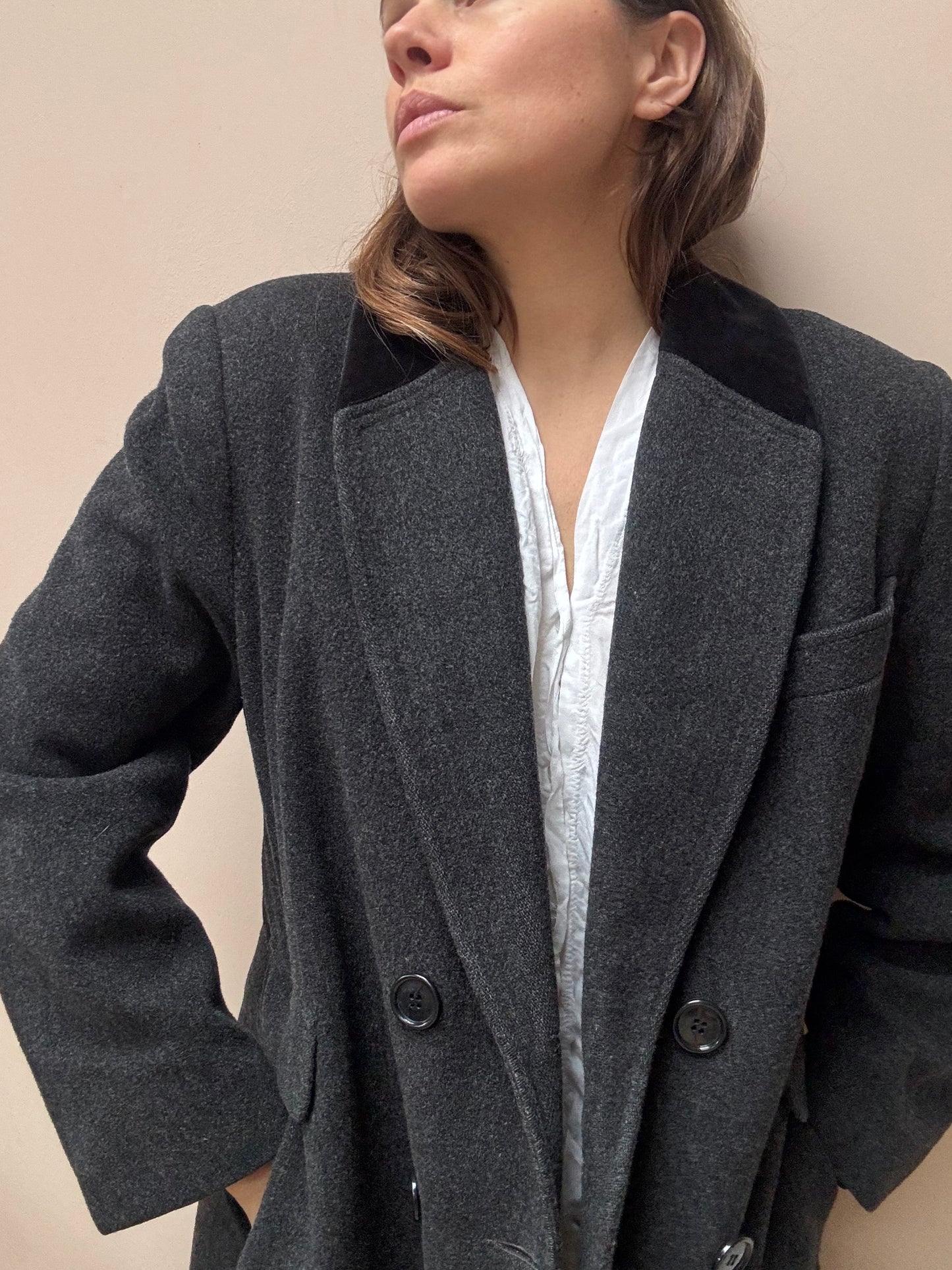 Charcoal grey wool coat velvet collar size 12