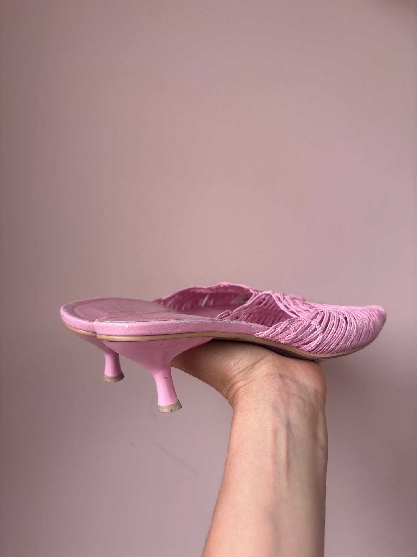 Vintage baby pink woven kitten heels size UK5