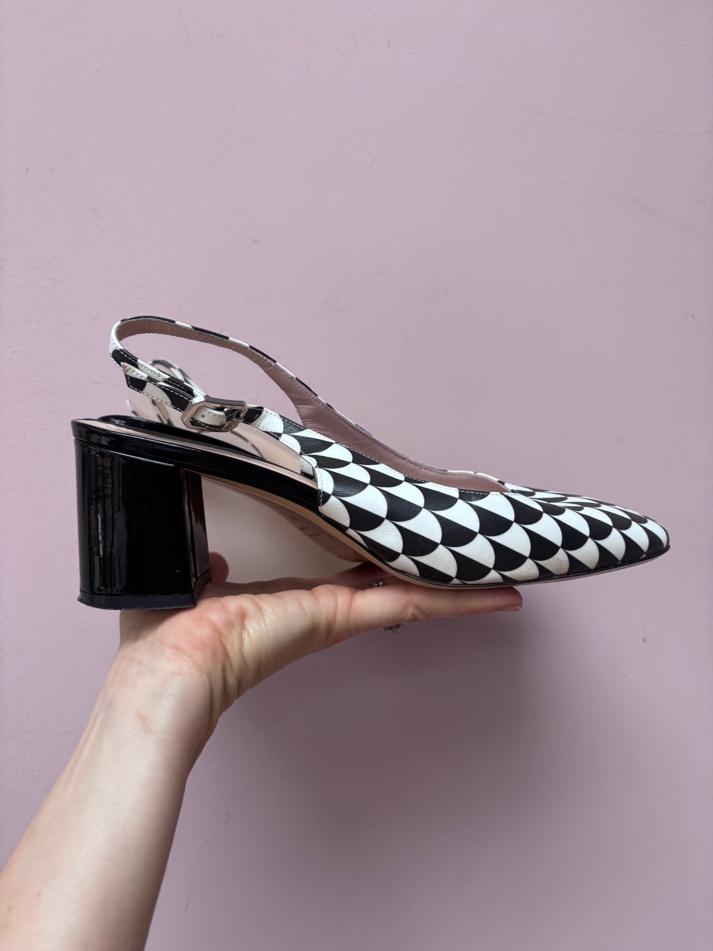 Black white leather heels size 5