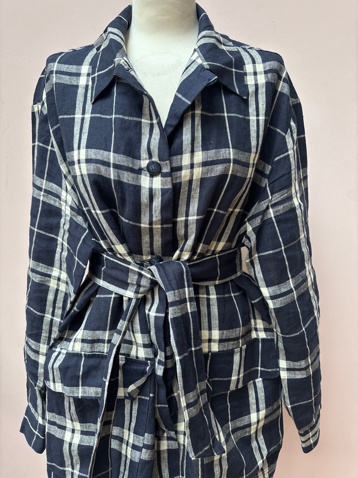 Vintage 100% linen check belted shirt jacket size 14/16