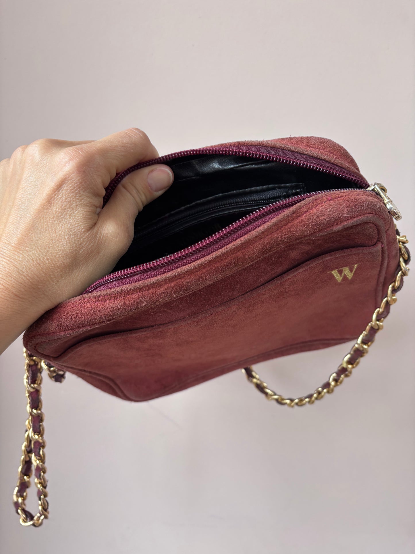 Vintage maroon suede gold chain strap bag