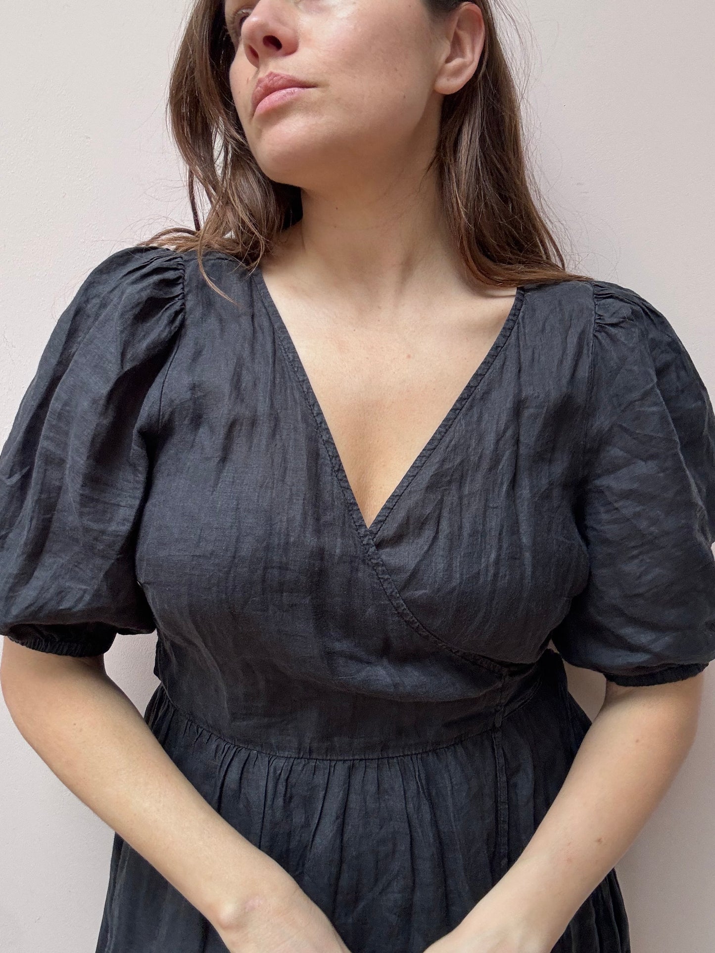 Black 100% linen wraparound puff sleeve dress size 12