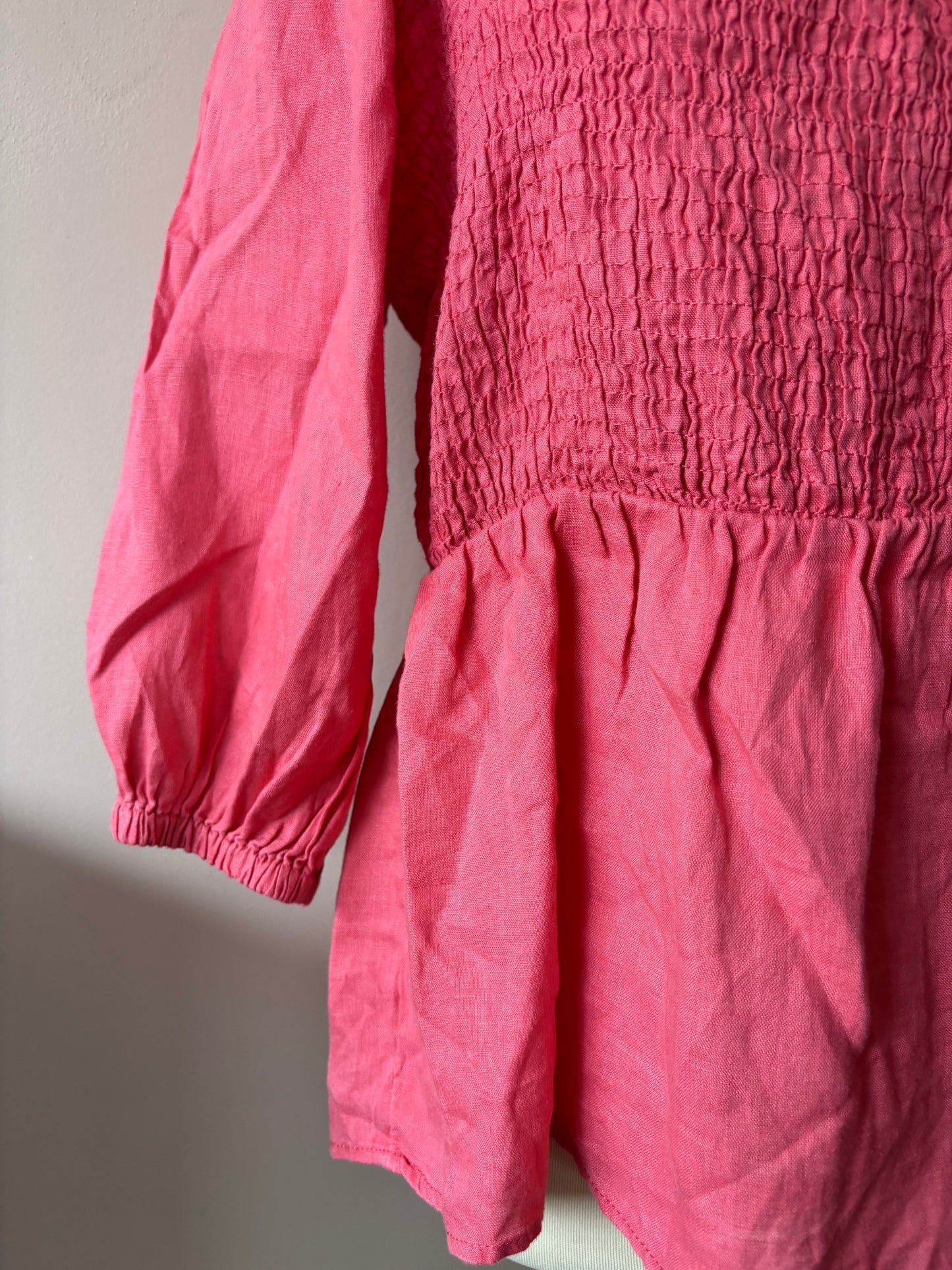 Pink 100% linen puff sleeve blouse with smocking size 16