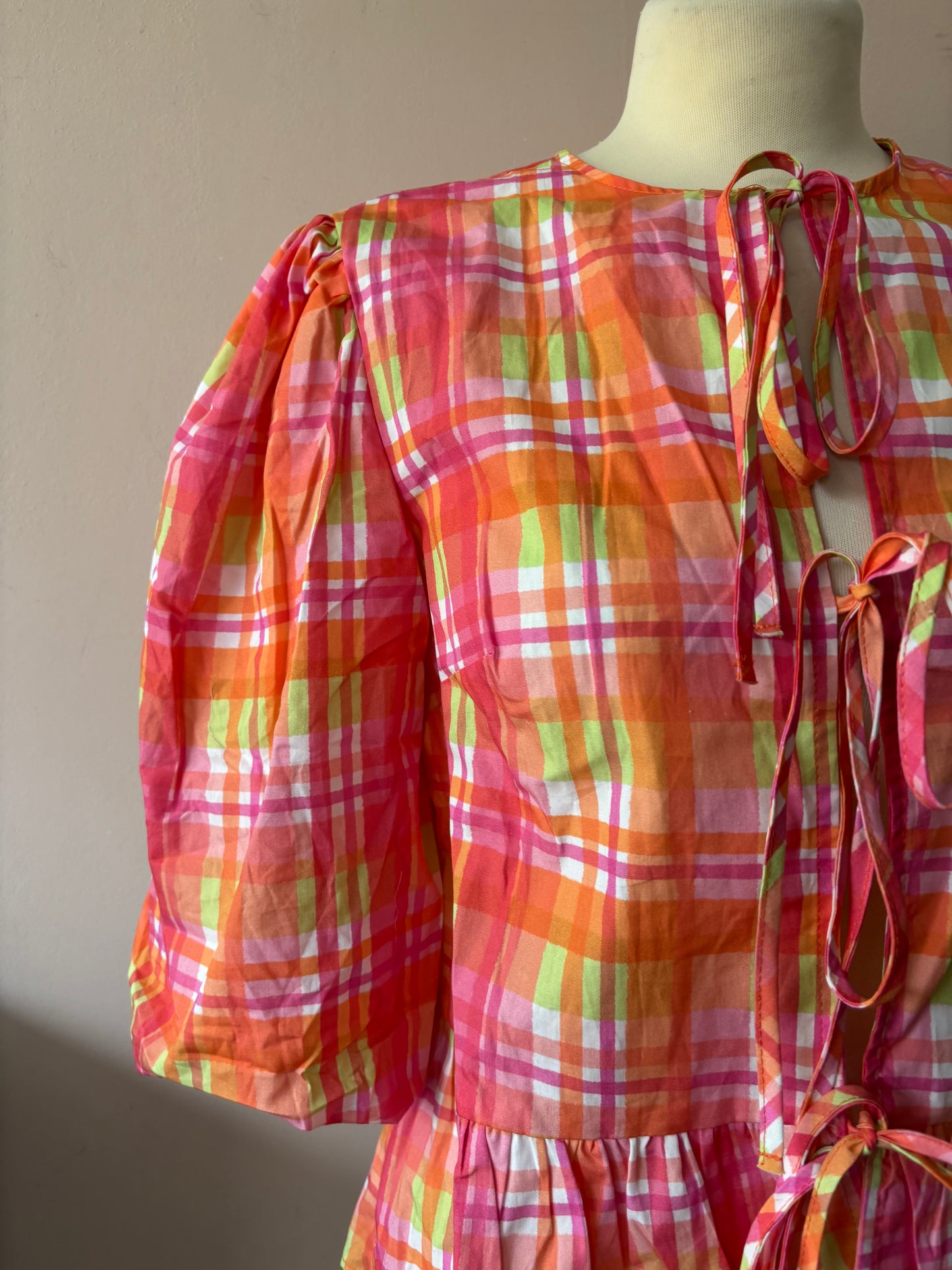 Multicoloured check puff sleeve front tie top size 12/14