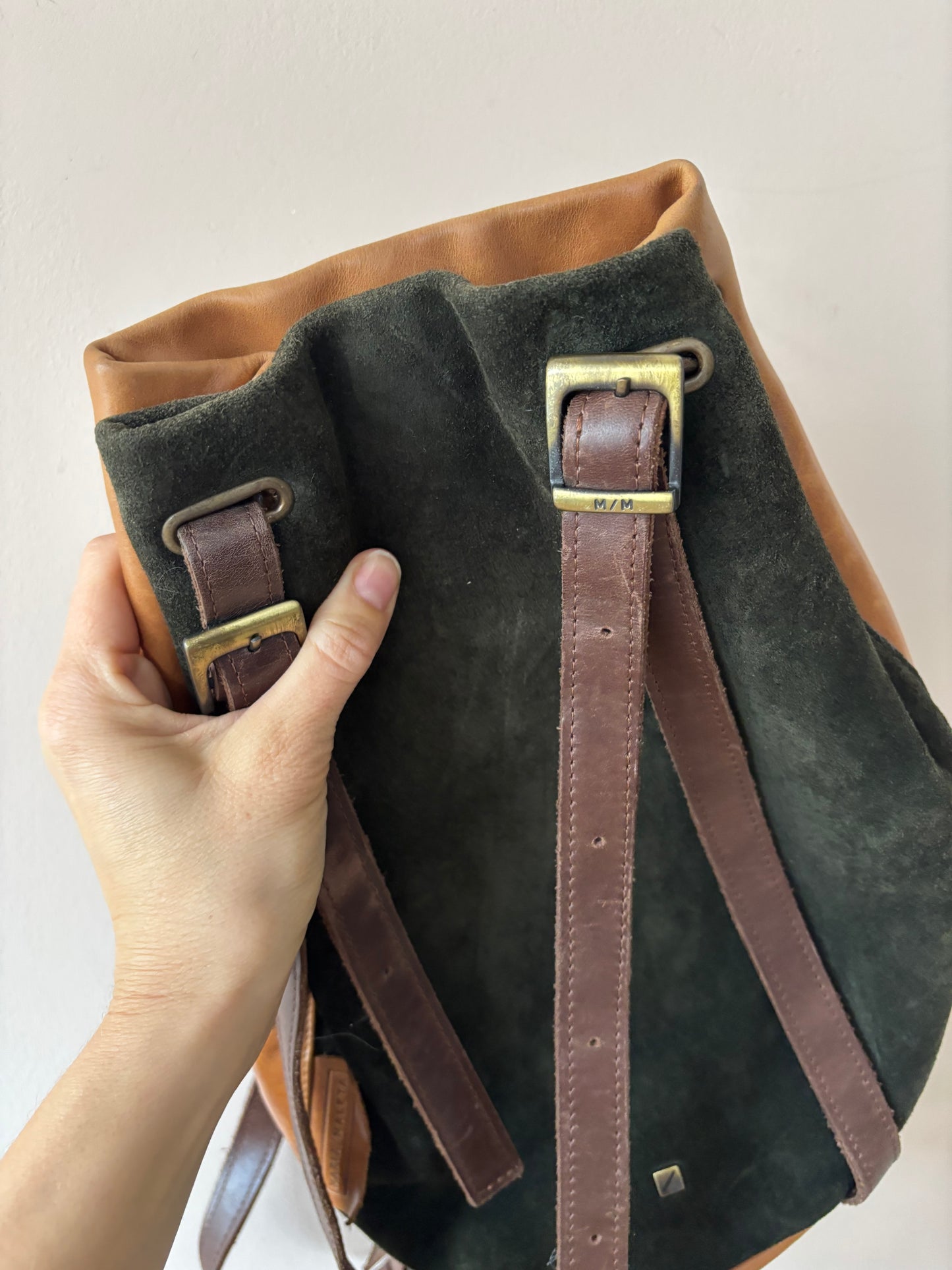 Vintage green suede and brown leather rucksack